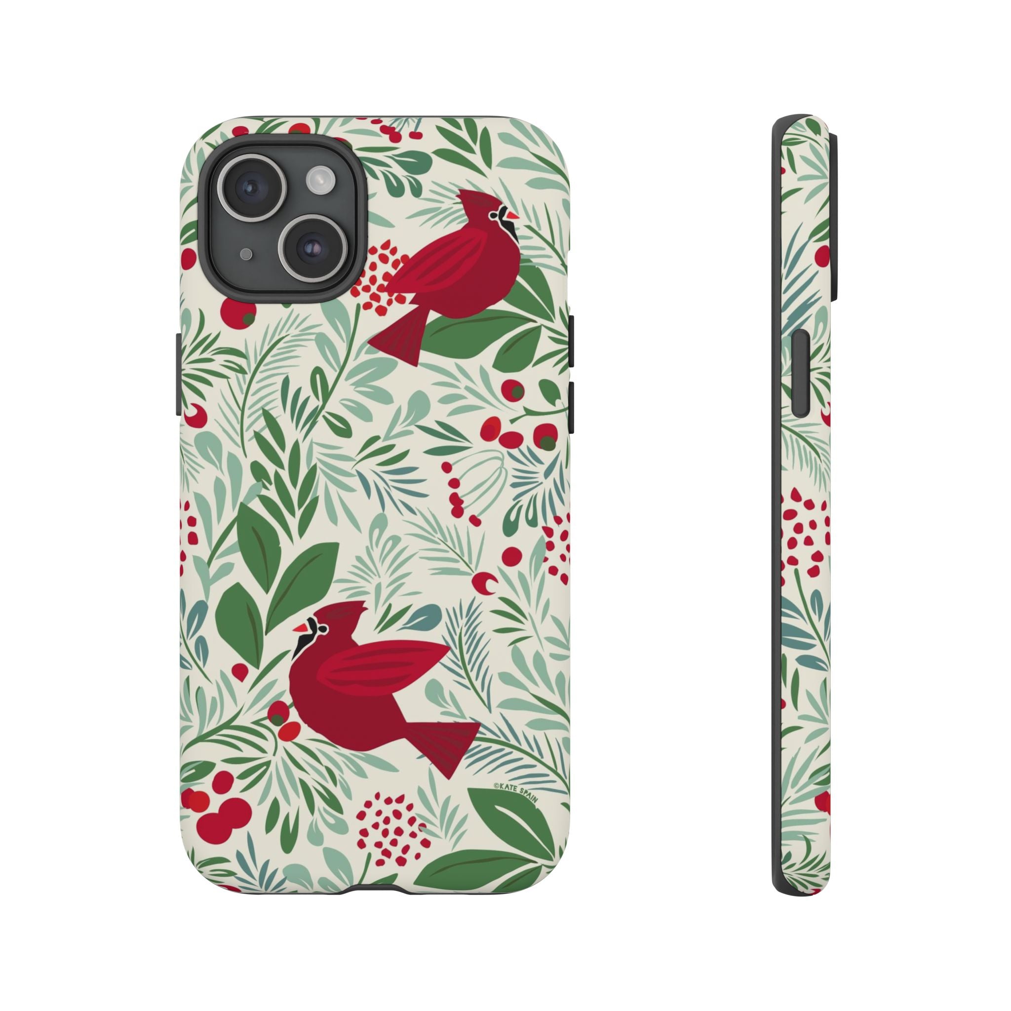 Birds and Berries Tough iPhone 15 Plus Case – Matte | cream, red, green botanical cardinal berry print