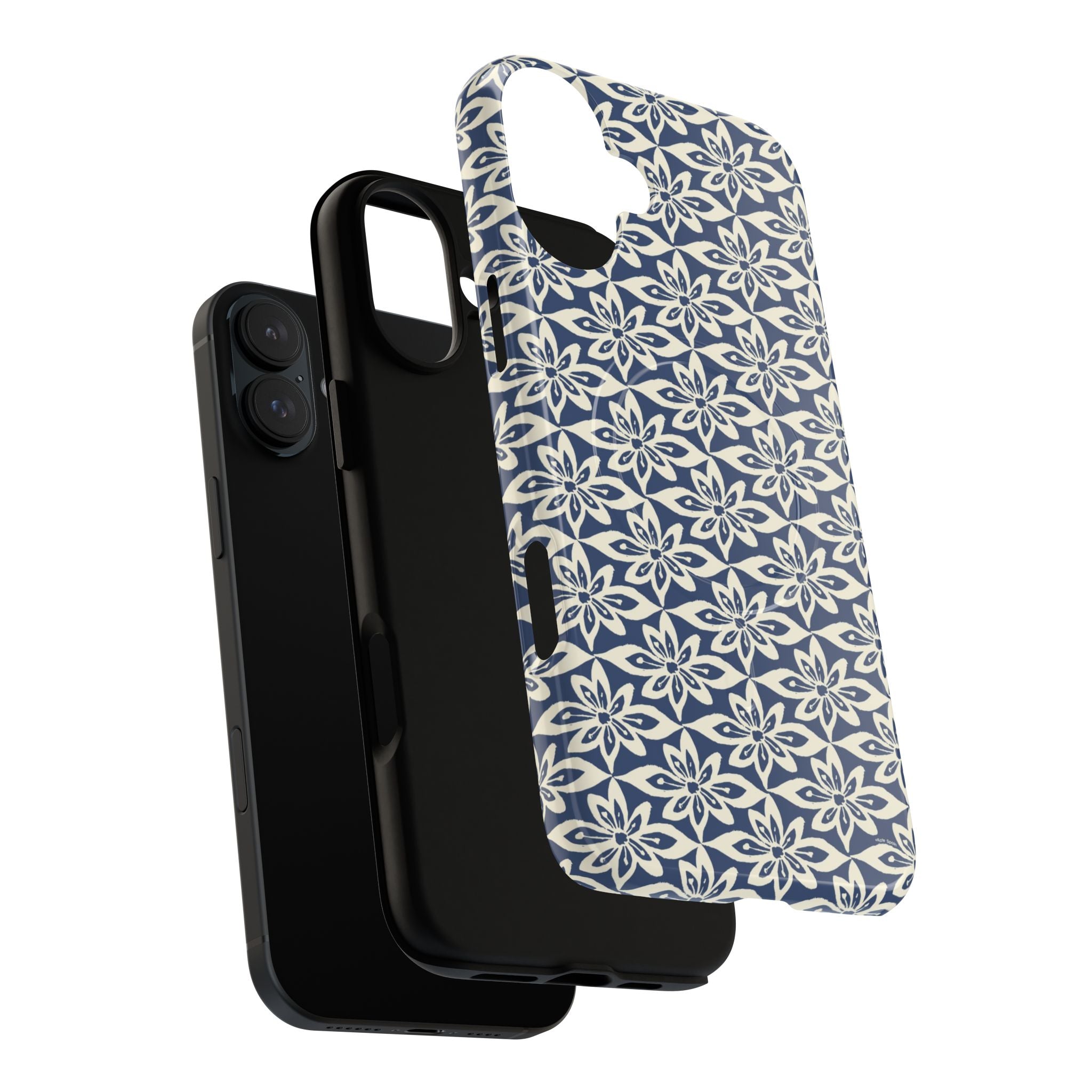 Lily Navy MagSafe iPhone 16 Pro Max Case – Glossy | dual-layer construction detail showing case and inner lining with camera cutout and buttons — botanical MagSafe case by Kate Spain