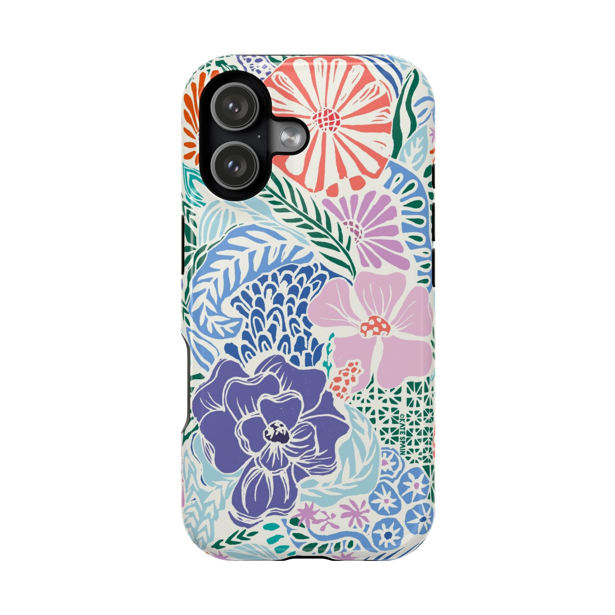 Tropica MagSafe iPhone 17 Case – Glossy | purple, coral, pink, blue botanical tropical floral print MagSafe compatible, dual-layer protection