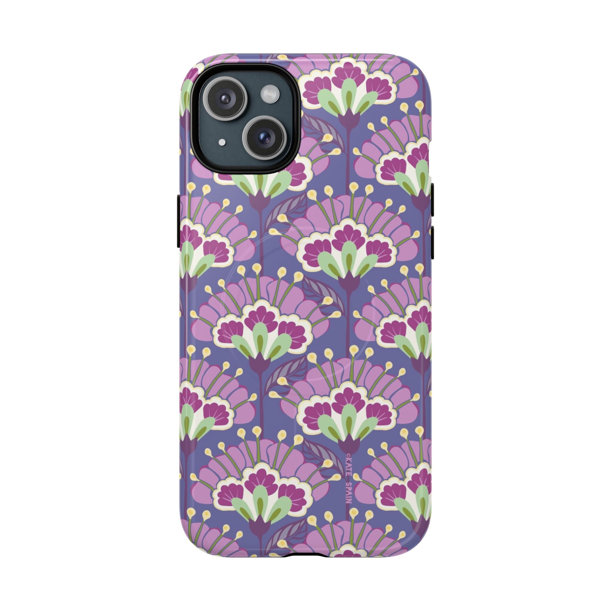 Lantern Flower MagSafe iPhone 15 Plus Case – Glossy | periwinkle, purple, mauve, sage botanical lantern floral print