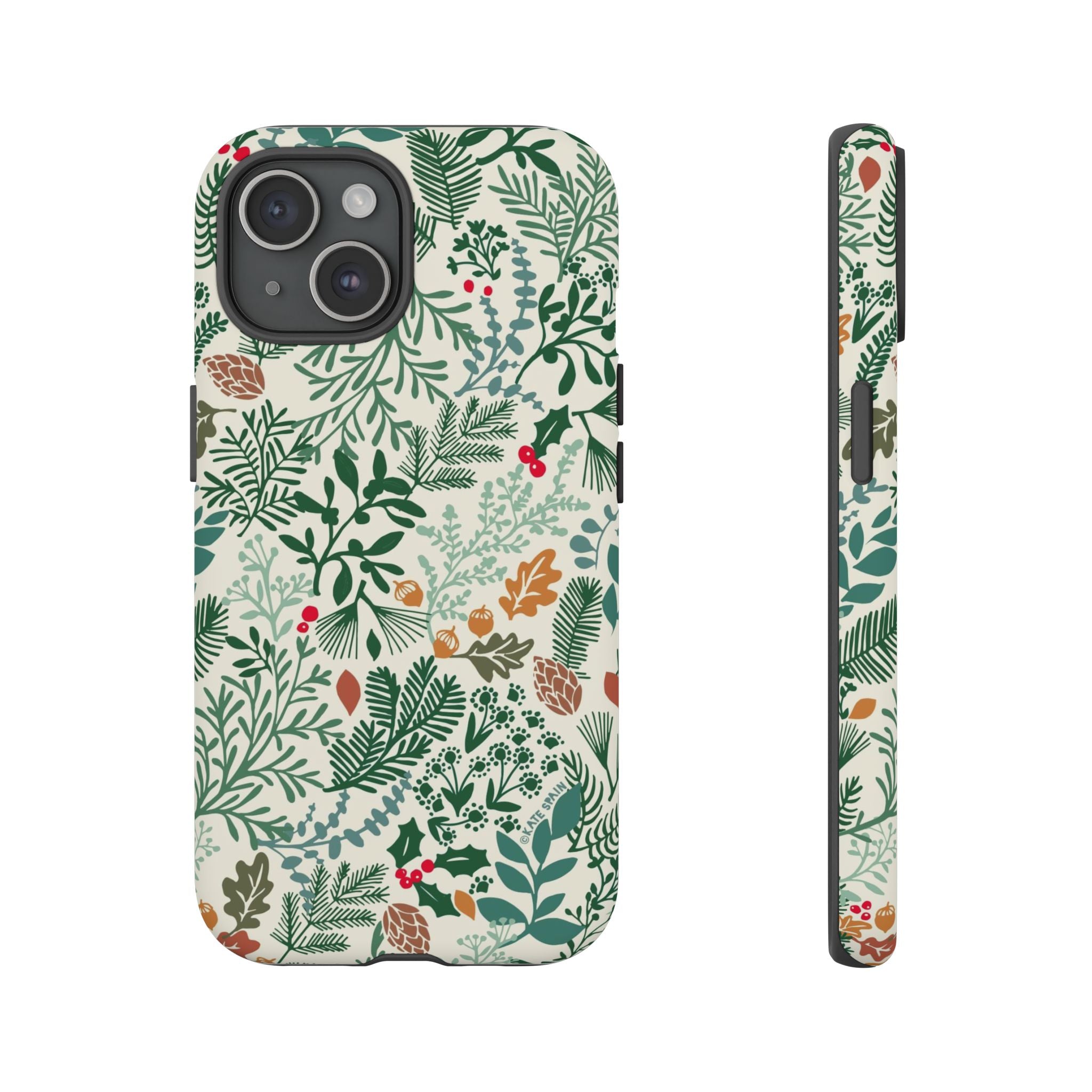 Juniper Tough iPhone 15 Case – Matte | cream, green, red botanical woodland print