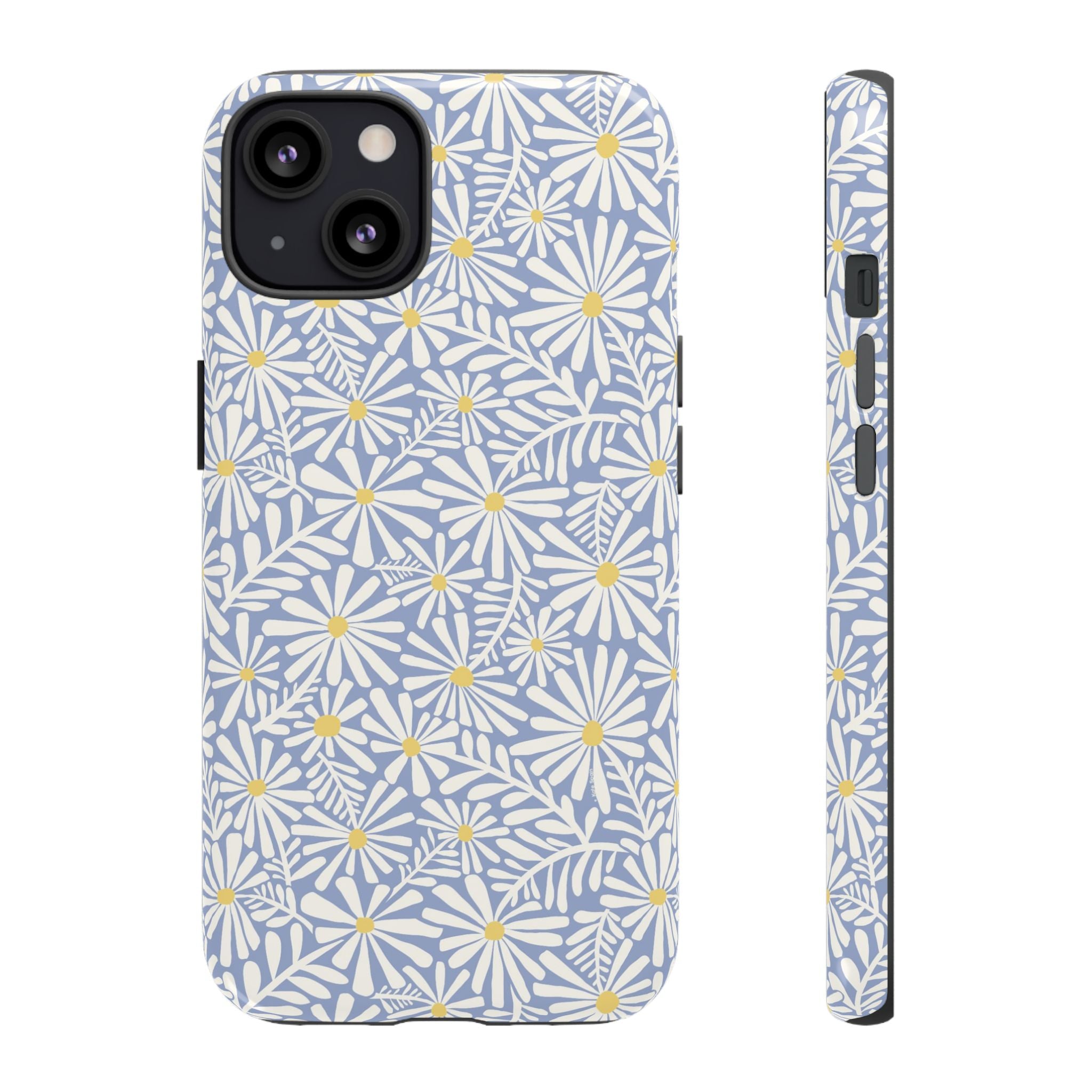 Montauk Daisy Cottage Blue iPhone 13 Case – Glossy | periwinkle blue, white graphic daisy and fern print, golden yellow centers | dual-layer protection