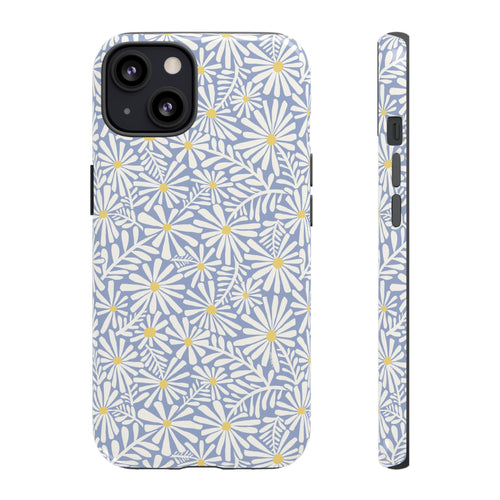 Montauk Daisy Cottage Blue iPhone 13 Case – Glossy | periwinkle blue, white graphic daisy and fern print, golden yellow centers | dual-layer protection