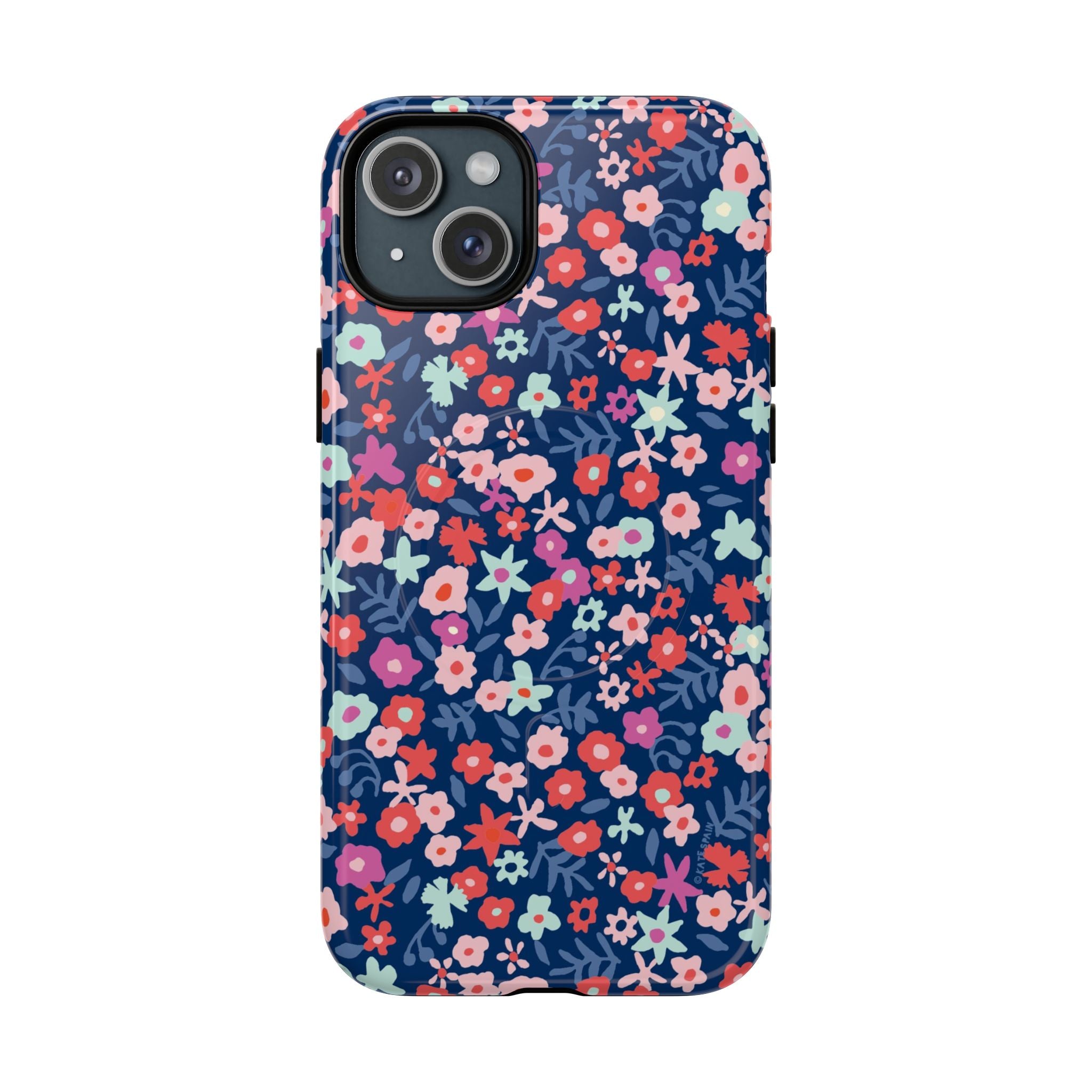 Primrose MagSafe iPhone 15 Plus Case – Glossy | navy, pink, white ditsy floral print