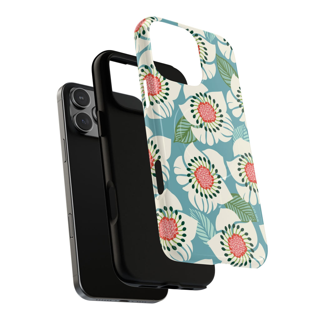 Panache MagSafe iPhone 16 Pro Max Case – Dual-layered view of case and inner lining in front of phone, with view of camera cutout and buttons | sky blue, pale cream, pink anemone floral print