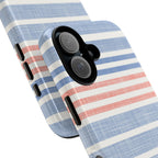 Cabana Stripe Pastel Tough iPhone 17 Case – Glossy angled view closeup of camera cutout and buttons | soft blue, coral, sage green chambray-textured stripe print dual-layer protection
