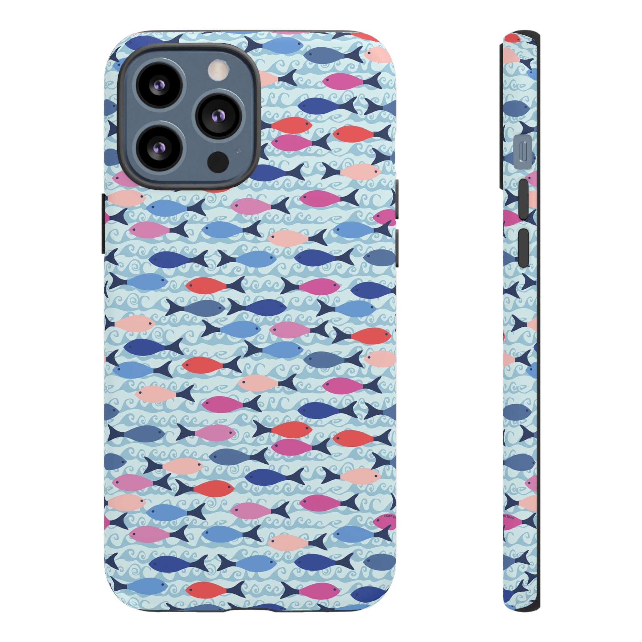 Summer Minnows Tough iPhone 13 Pro Max Case – Matte | navy, coral, pink, and periwinkle fish on a pale aqua ground
