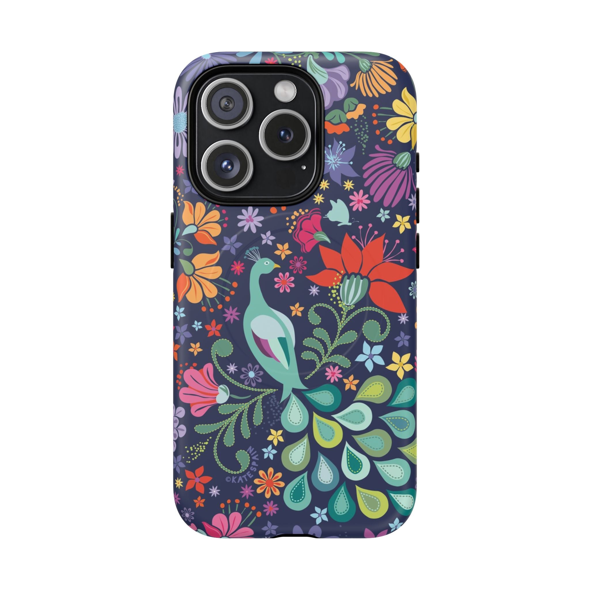 Peacock Sanctuary MagSafe iPhone 15 Pro Case – Matte | navy, teal, coral multicolor vibrant peacock feather botanical print