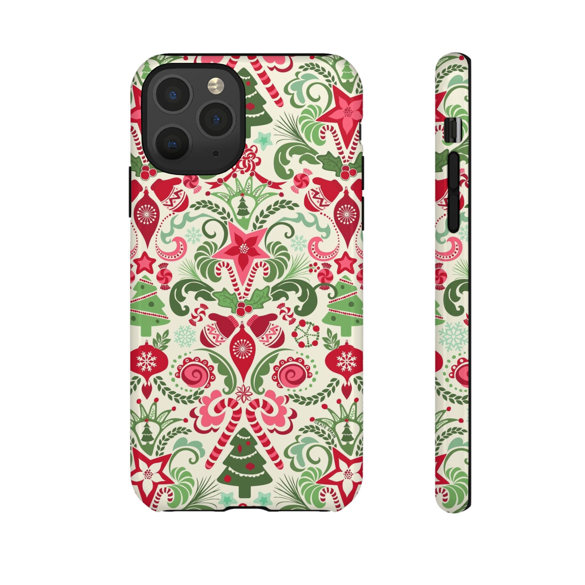 Wonderland Tough iPhone 11 Pro Case – Glossy | cream, red, green Christmas ornament damask print