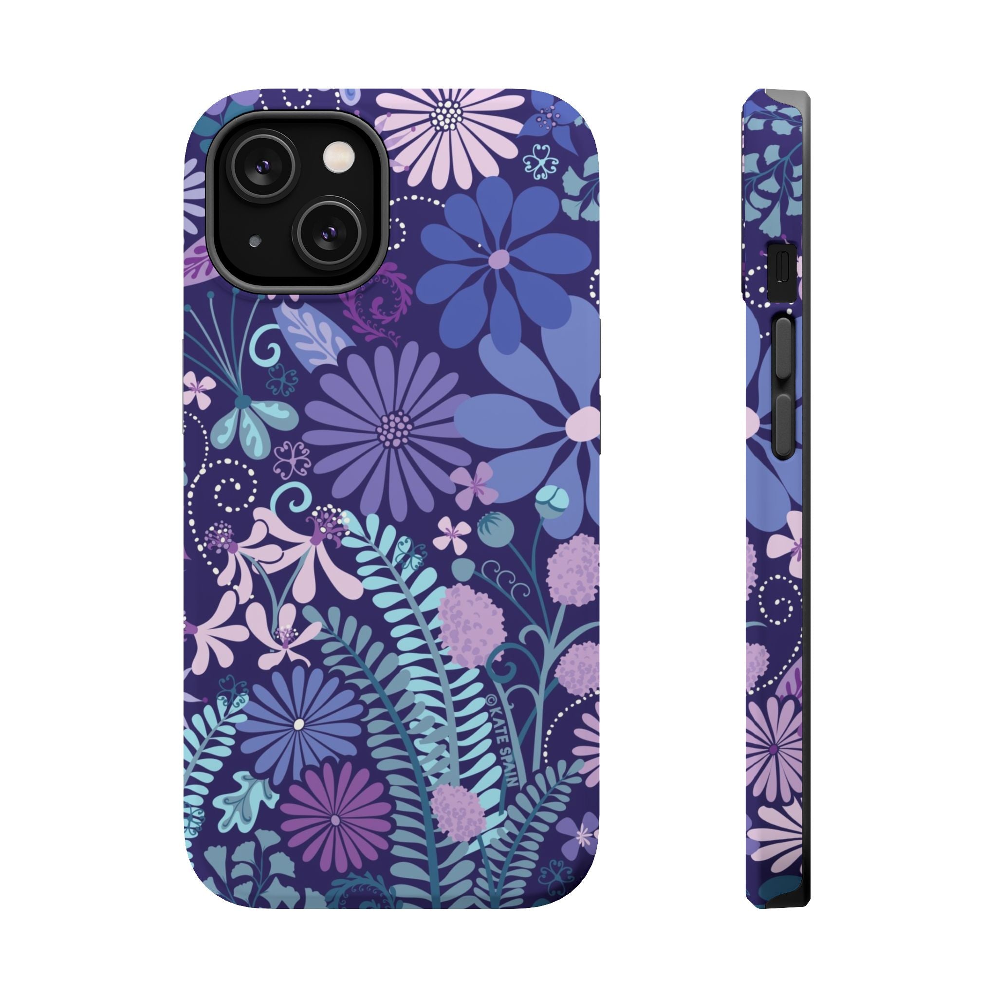 Luxury Terrain MagSafe iPhone 14 Case – Matte | navy, purple, aqua botanical woodland floral print