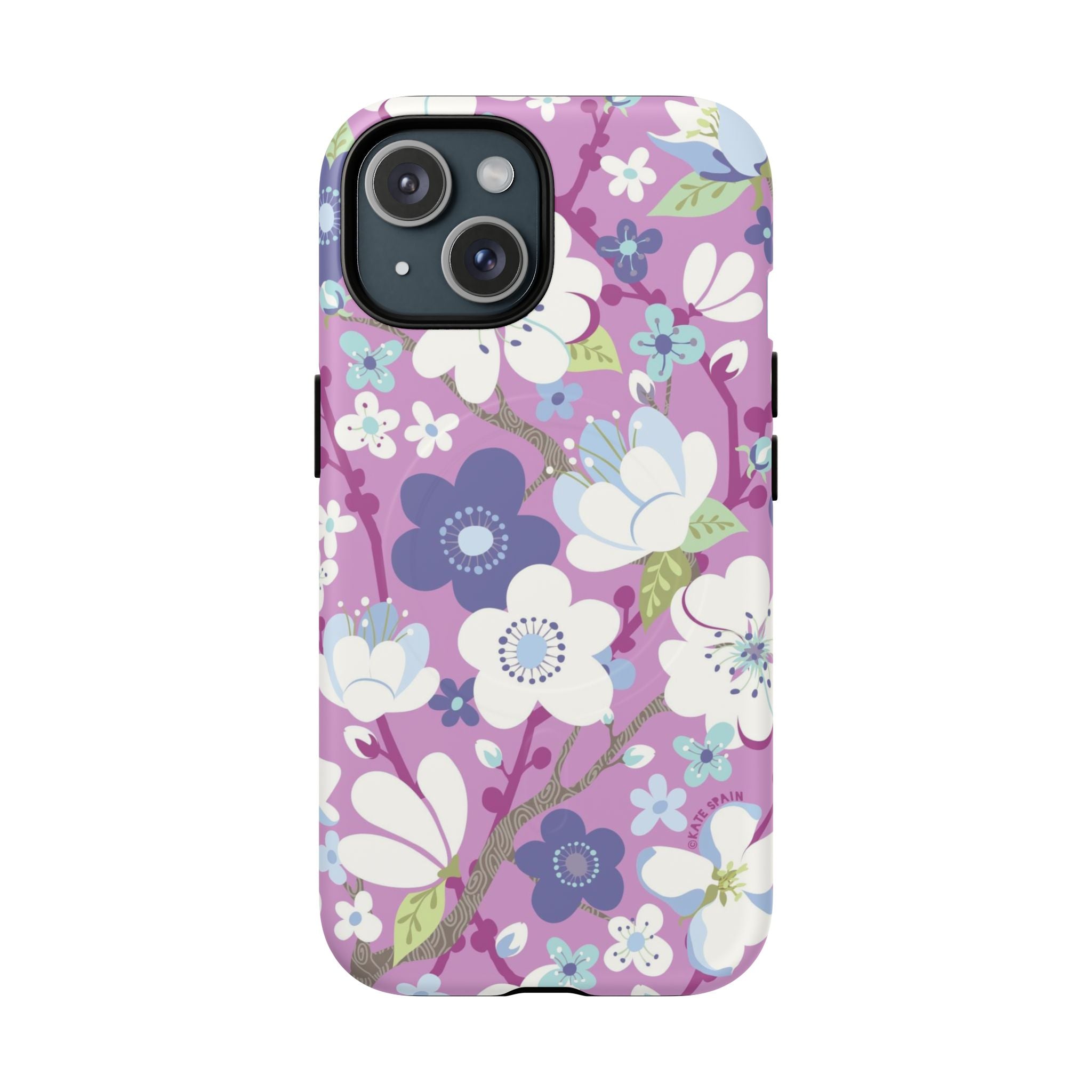Purple Cherry Blossom MagSafe iPhone 15 Case – Matte | mauve, purple, blue, white cherry blossom print