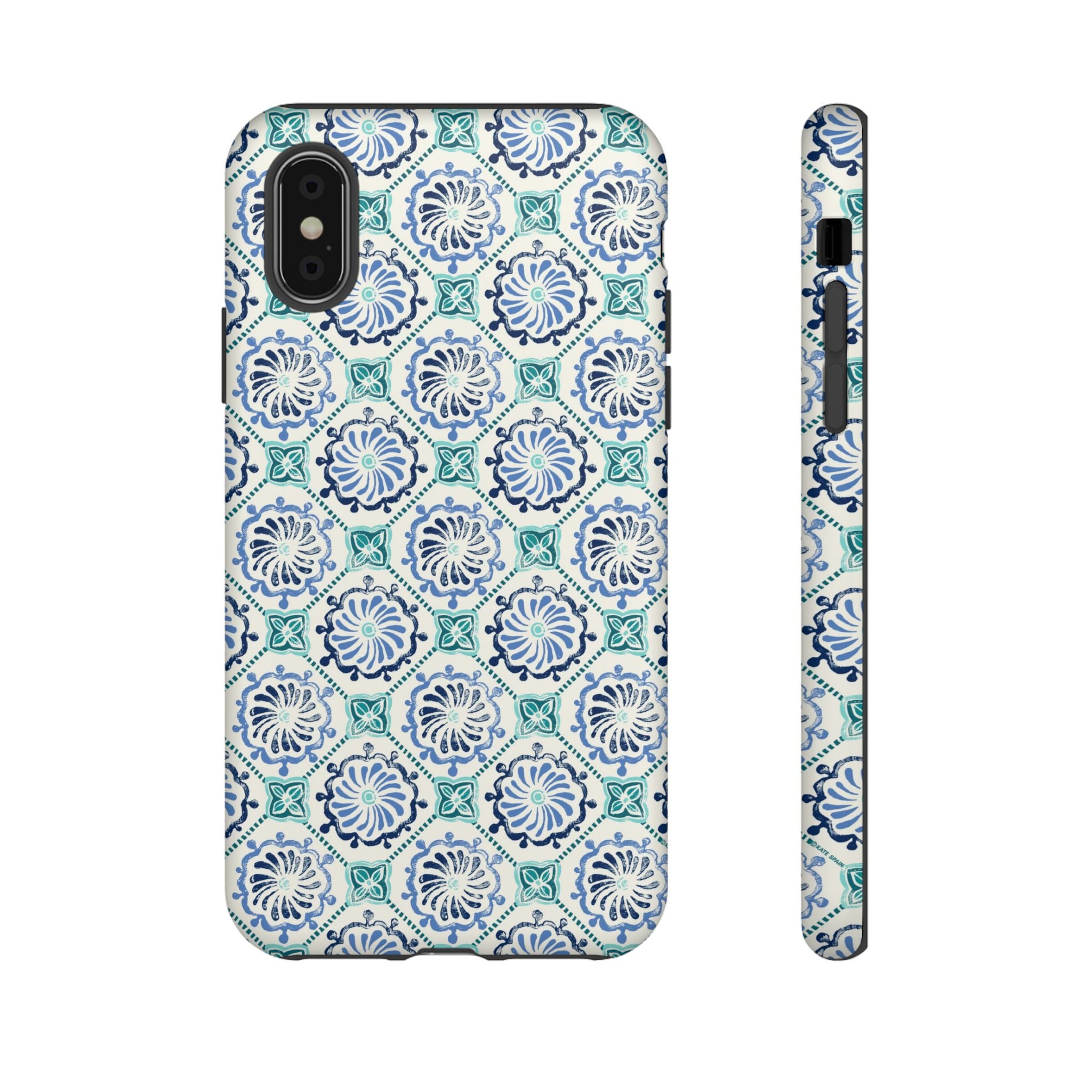 Horizon Blue Tile Tough iPhone XS Case – Matte | blue, turquoise, cream white dual-layer protection