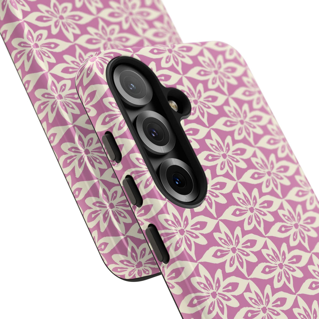 Lily Rose Samsung Galaxy S25 Glossy case — side angled view showing camera cutout and buttons — graphic white lily on soft rose by Kate Spain