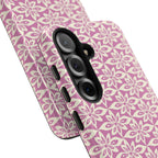 Lily Rose Samsung Galaxy S25 Glossy case — side angled view showing camera cutout and buttons — graphic white lily on soft rose by Kate Spain