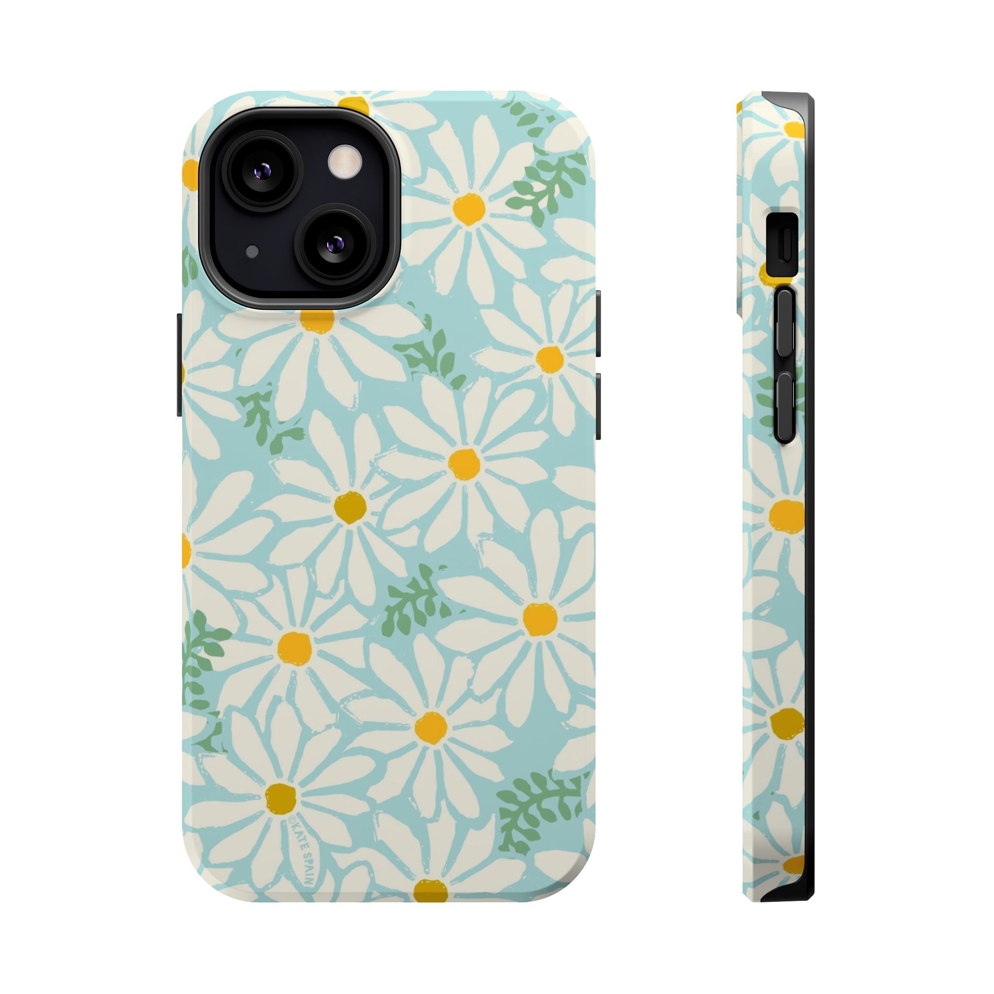 Daisies MagSafe iPhone 13 mini Case – Glossy | white, yellow, aqua watercolor daisy print