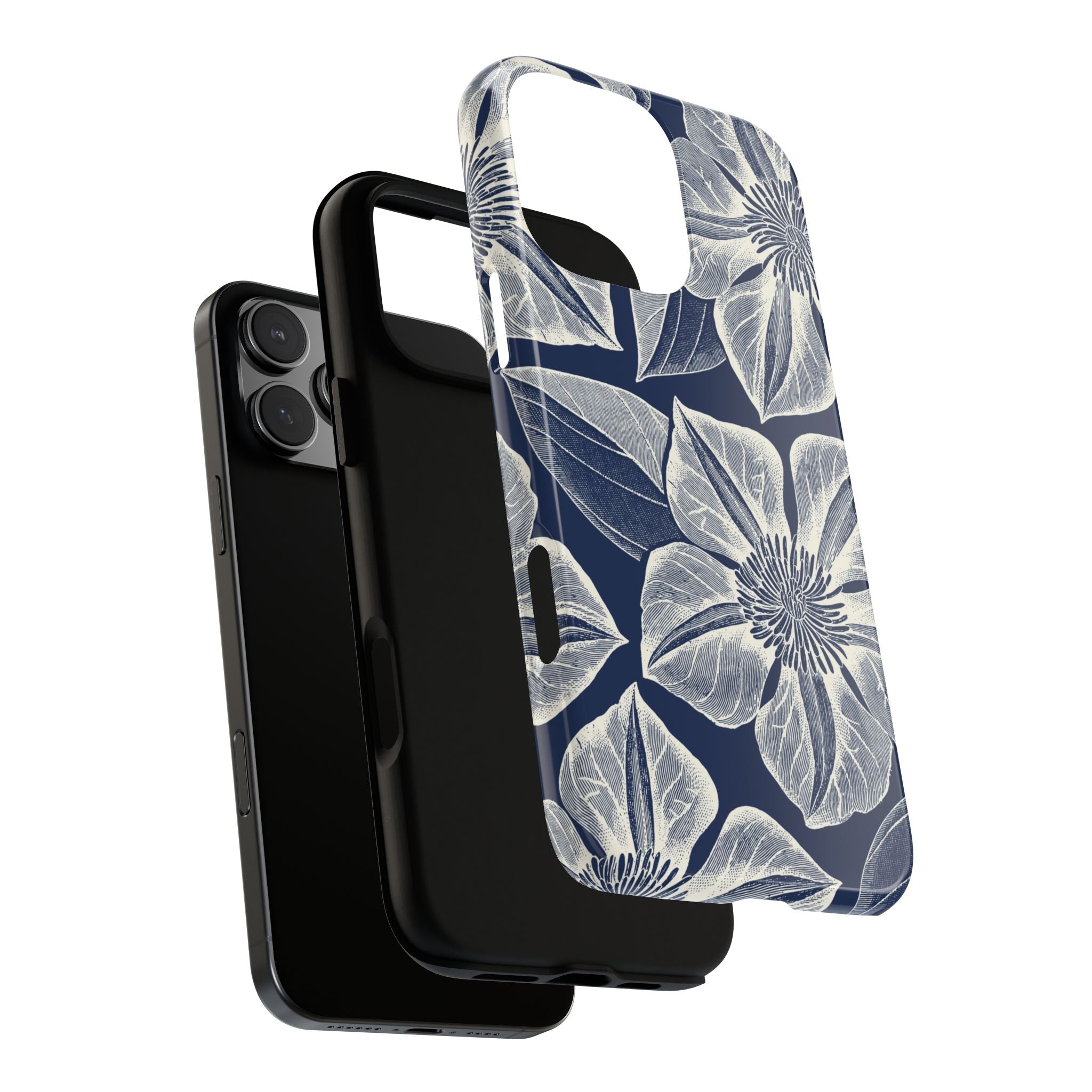 Vintage Bloom Navy iPhone 16 Pro Max case – Glossy | navy ground, large-scale cream clematis print, dual-layer case and inner lining detail with camera cutout view