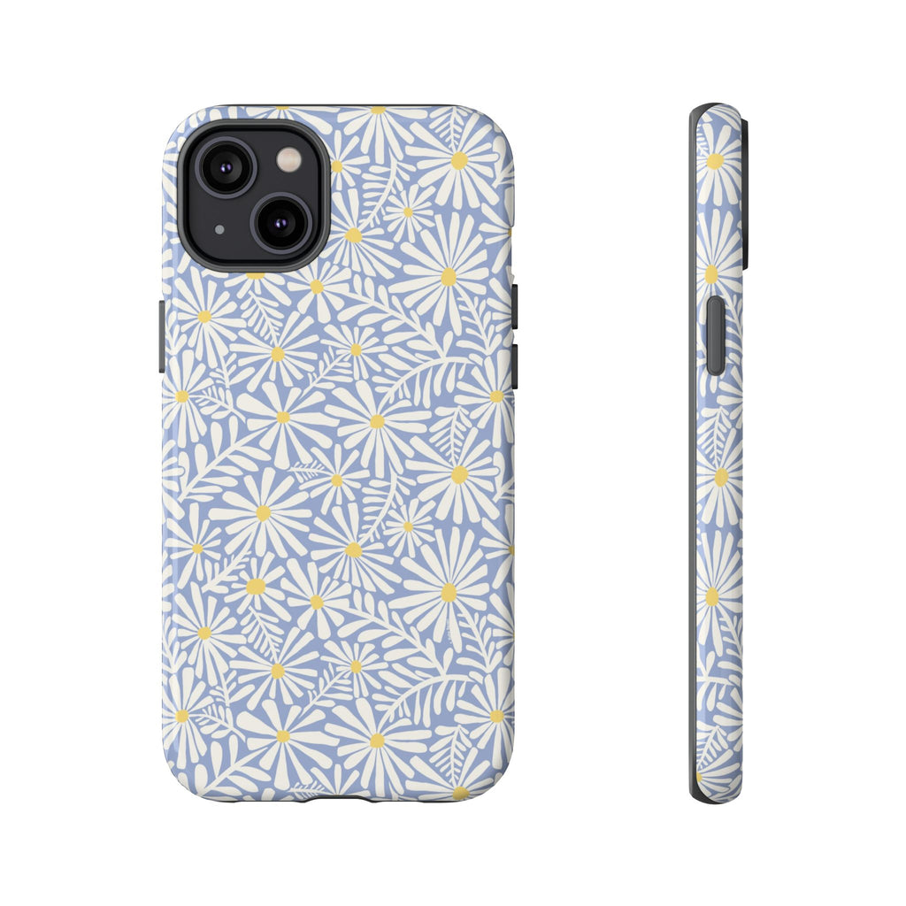 Montauk Daisy Cottage Blue iPhone 14 Plus Case – Glossy | periwinkle blue, white graphic daisy and fern print, golden yellow centers | dual-layer protection