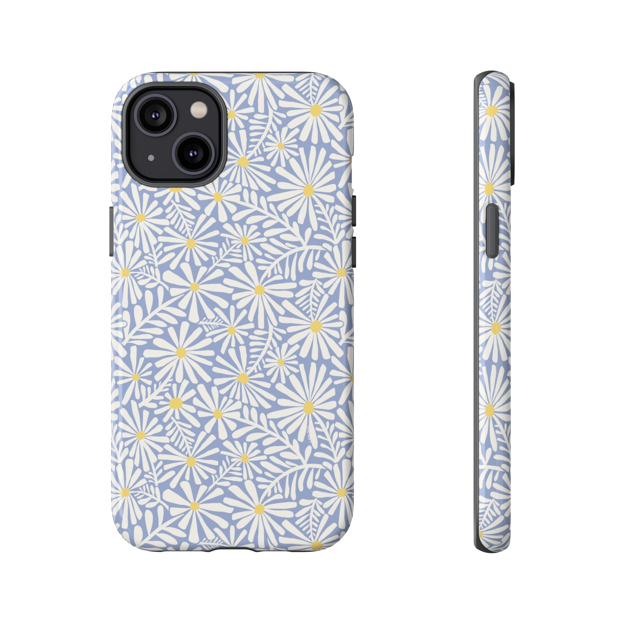Montauk Daisy Cottage Blue iPhone 14 Plus Case – Glossy | periwinkle blue, white graphic daisy and fern print, golden yellow centers | dual-layer protection