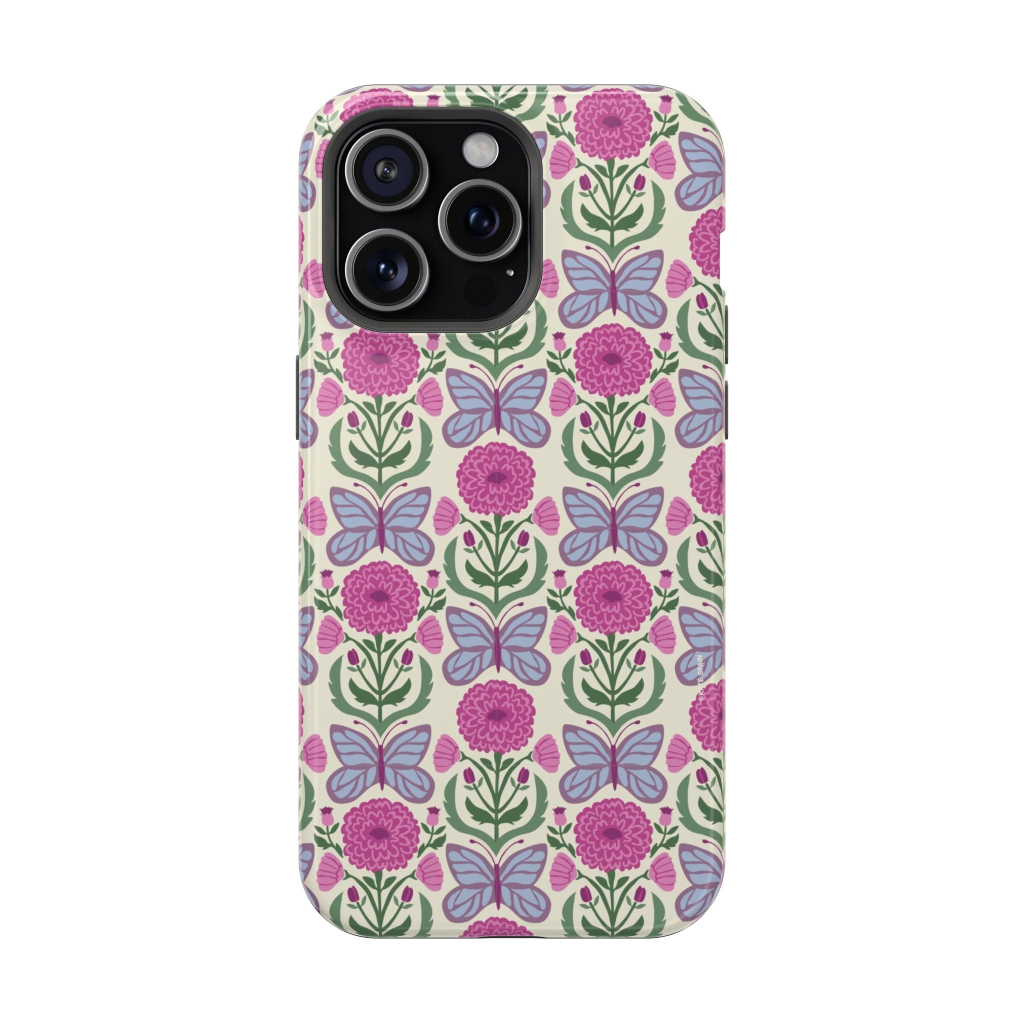 Butterfly MagSafe iPhone Pro Max 15 Case – Glossy | cream, magenta, periwinkle butterfly floral print