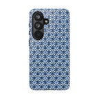 Light blue Samsung Galaxy case with navy and periwinkle ikat geometric pattern — botanical phone case by Kate Spain for Floriori