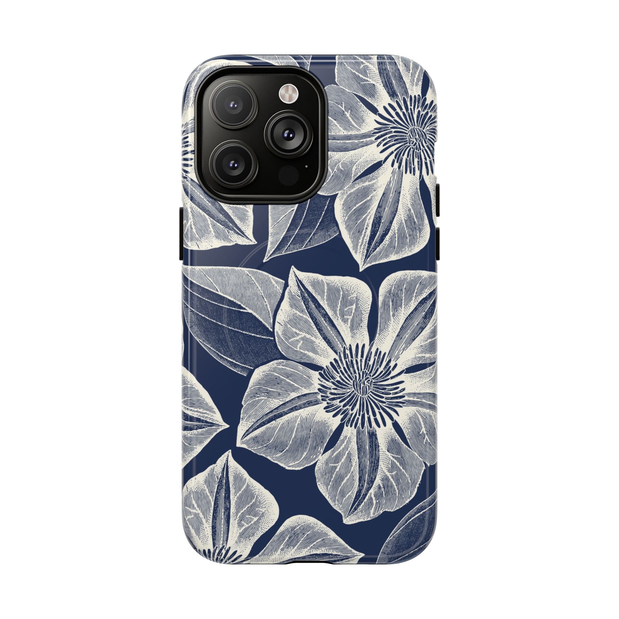 Vintage Bloom Navy MagSafe Phone 14 Pro Max Case – Glossy | navy ground, large-scale white clematis print, engraved petal detail, dual-layer protection