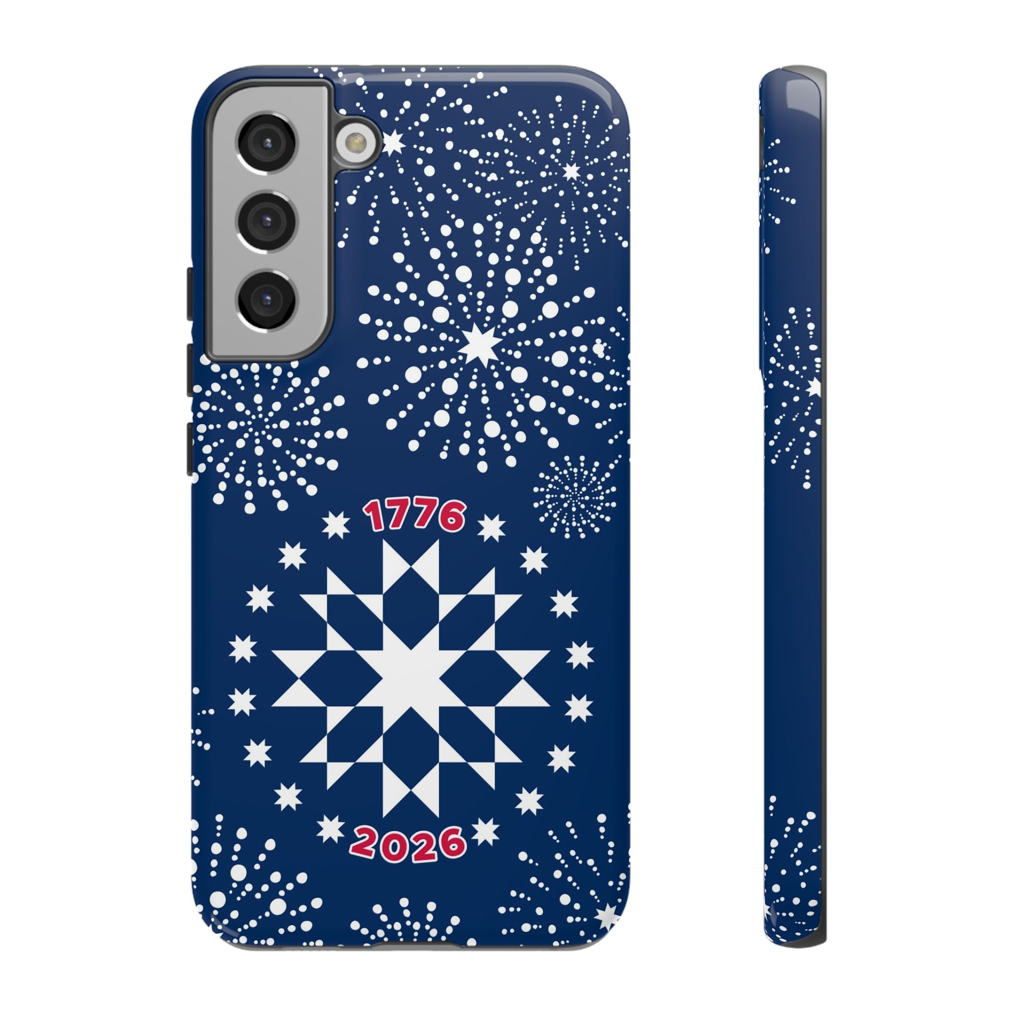 250th Fireworks Samsung Galaxy S22 Plus Case – Glossy | navy, white patriotic star quilt fireworks print