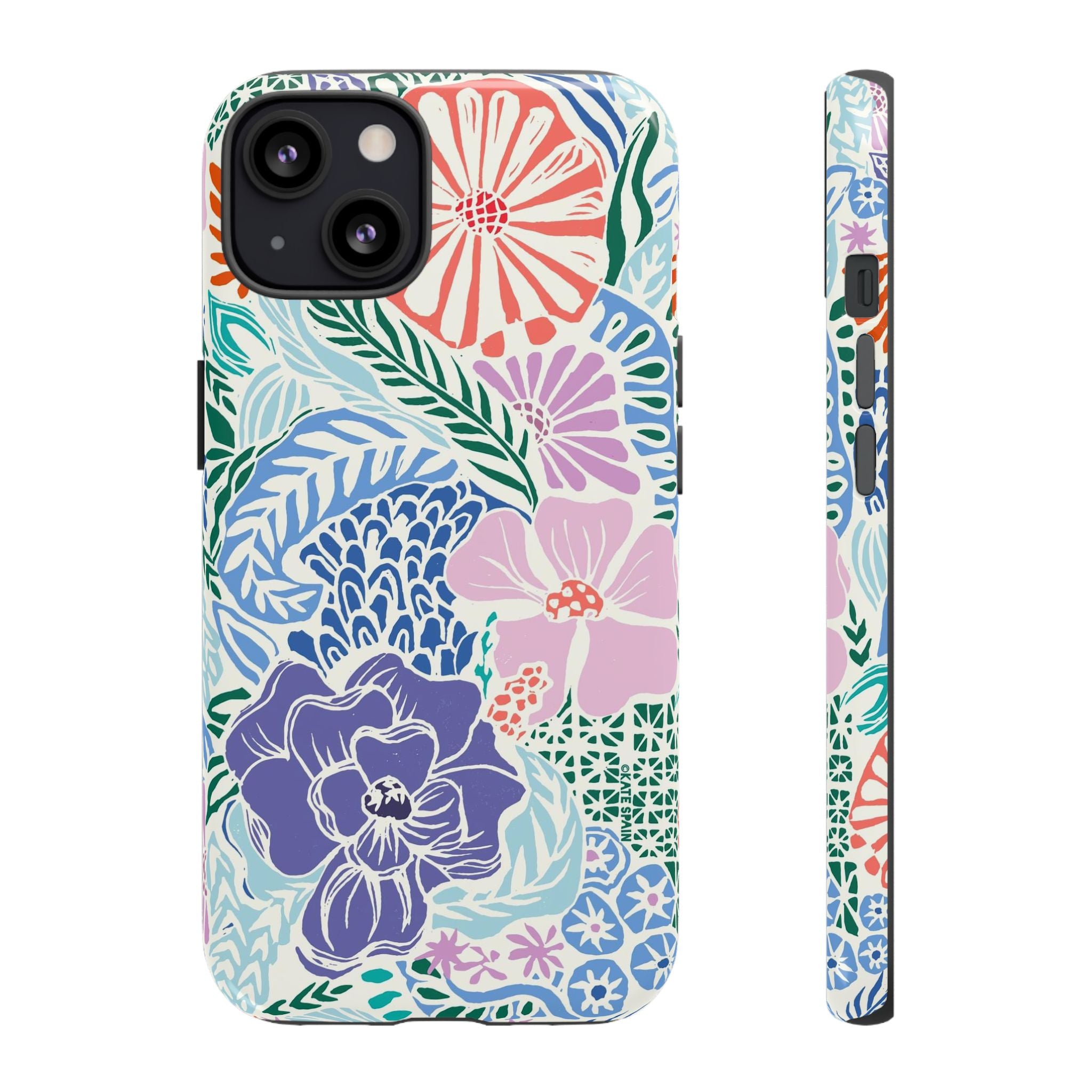 Tropica Tough iPhone 13 Case – Matte | purple, coral, pink, blue botanical tropical floral print
