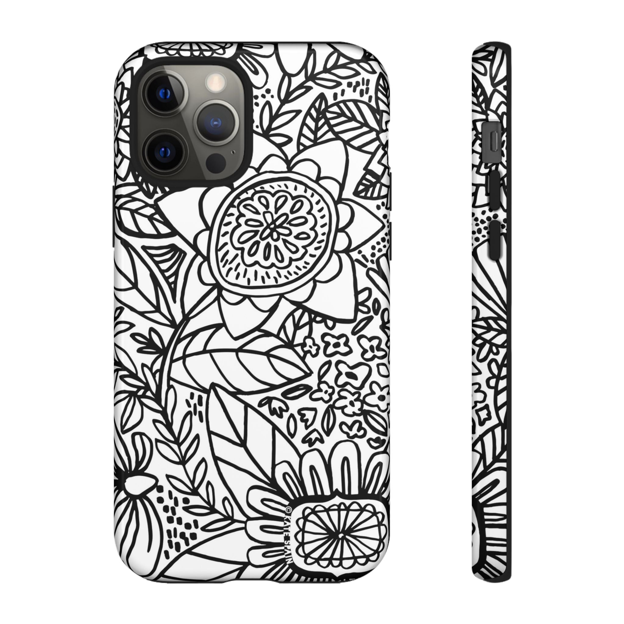 Esprit Tough iPhone 12 Pro Case – Glossy | white, black botanical line art floral print