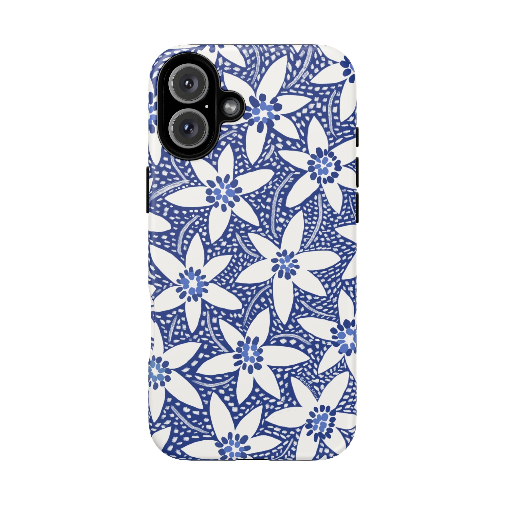 Starflower iPhone 16 Plus Case – Matte | navy, white geometric starflower print