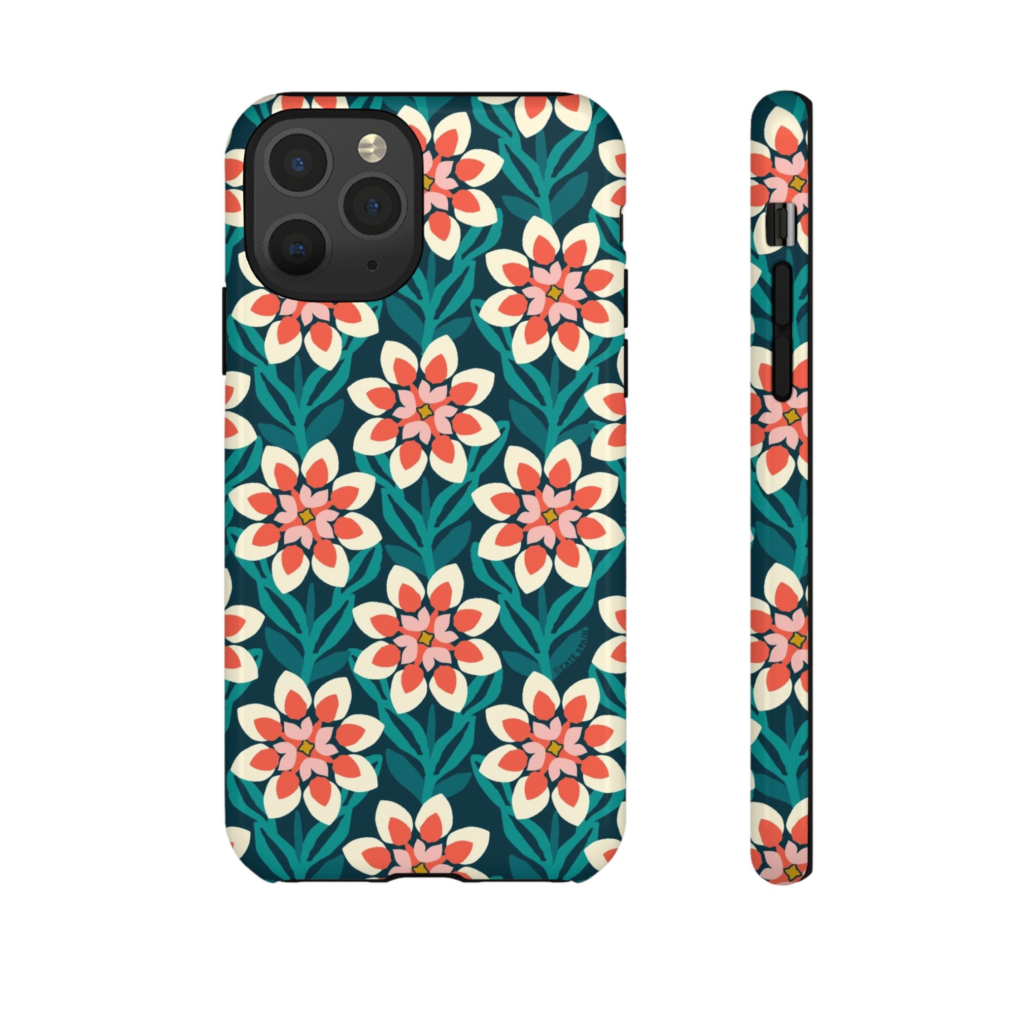Modern Dahlia Tough iPhone 11 Pro Case – Glossy | teal, coral, cream geometric dahlia floral print