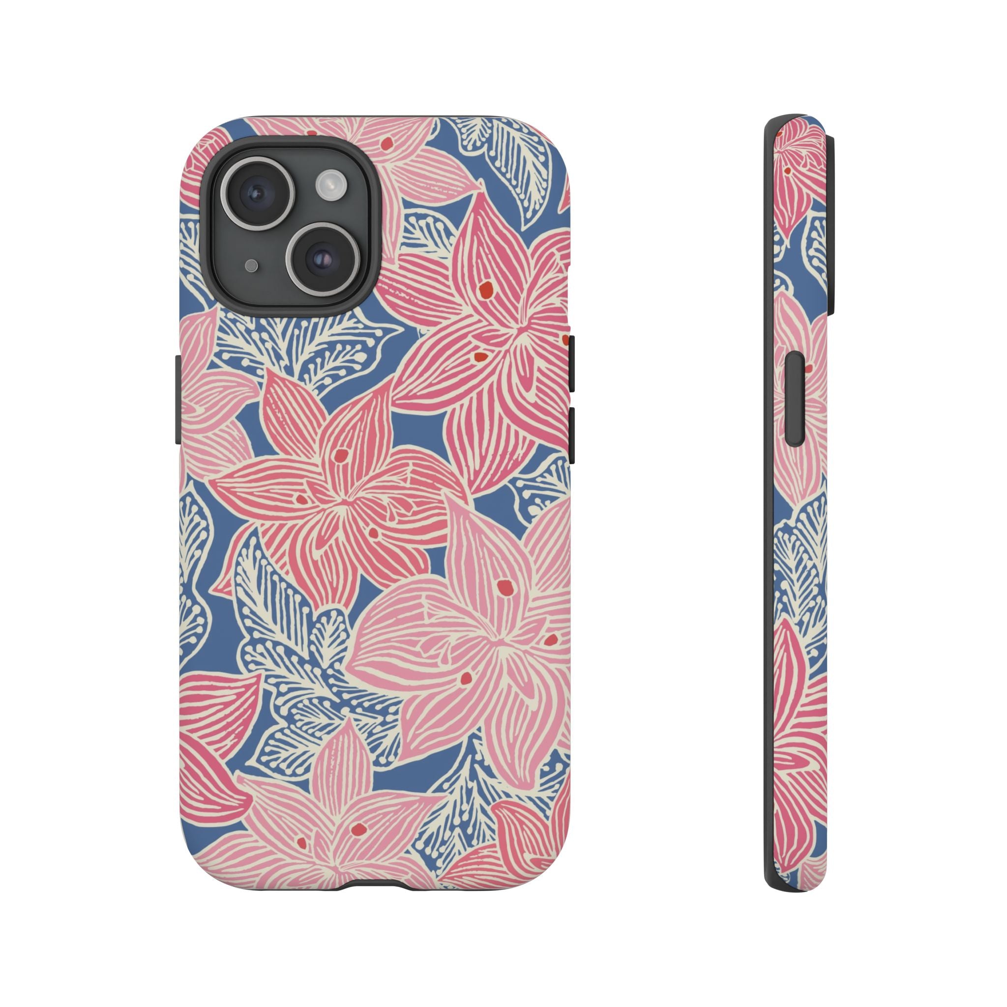 Hibiscus Lagoon Tough iPhone 15 Case – Glossy | coral, blush, cream, dusty blue hibiscus botanical print
