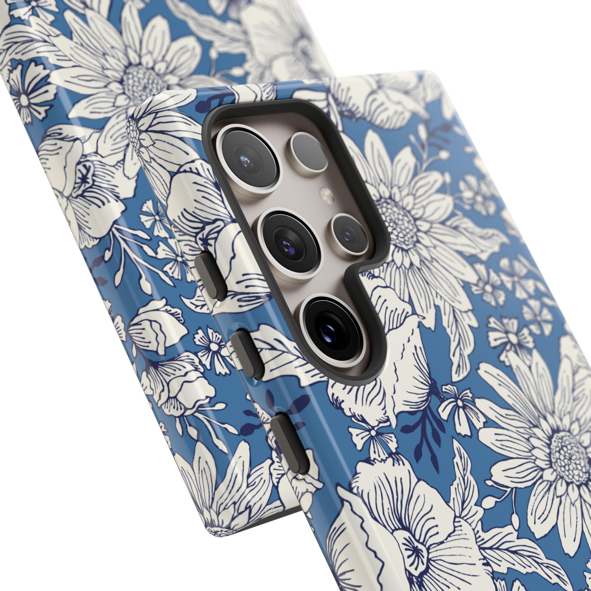Luxury Jardin Samsung Galaxy S24 Ultra Case – Glossy | close-up of 5 lenses in camera cutout in case in steel blue, white botanical daisy floral print