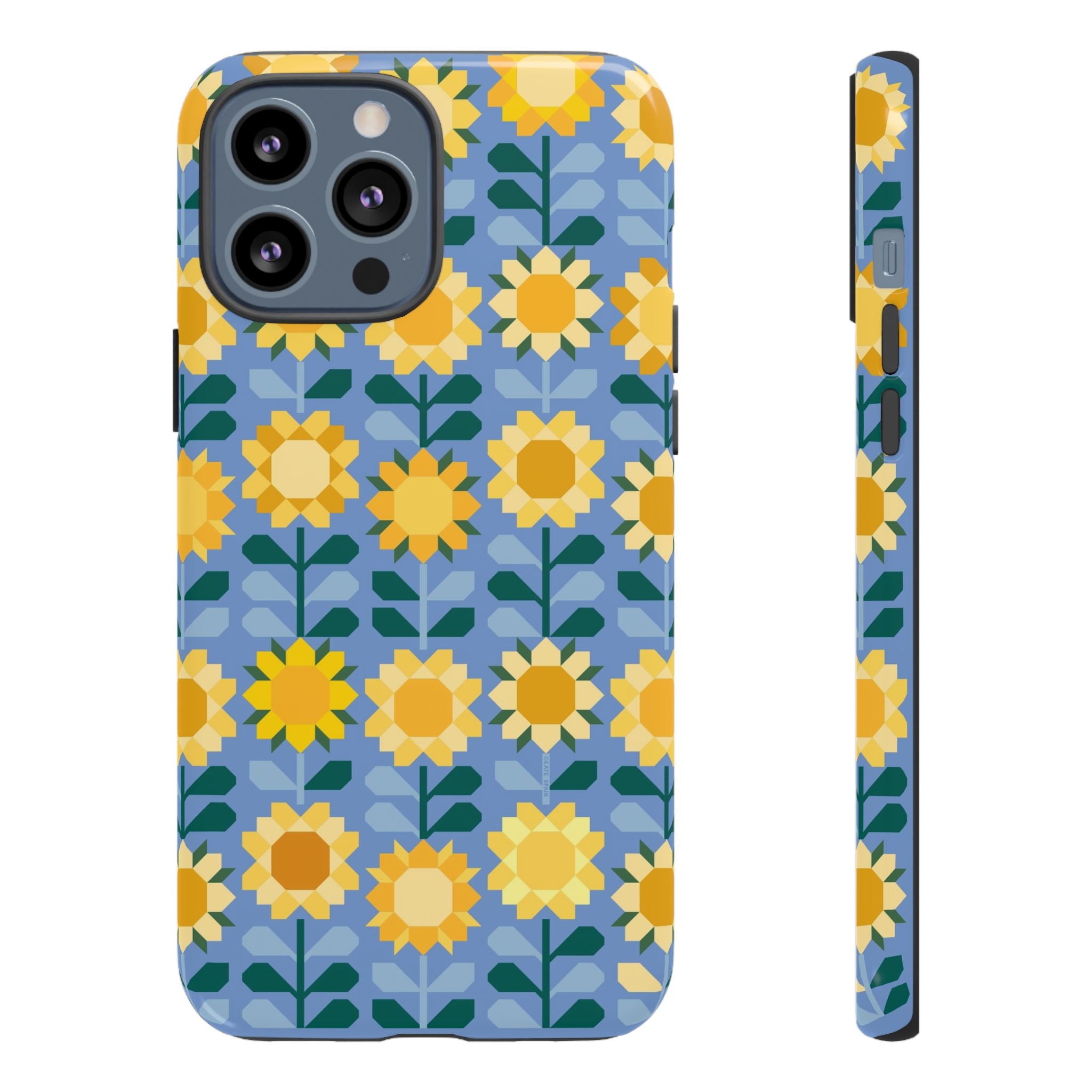 Sunflowers Tough iPhone 13 Pro Max Case – Glossy | blue, yellow, gold geometric sunflower print