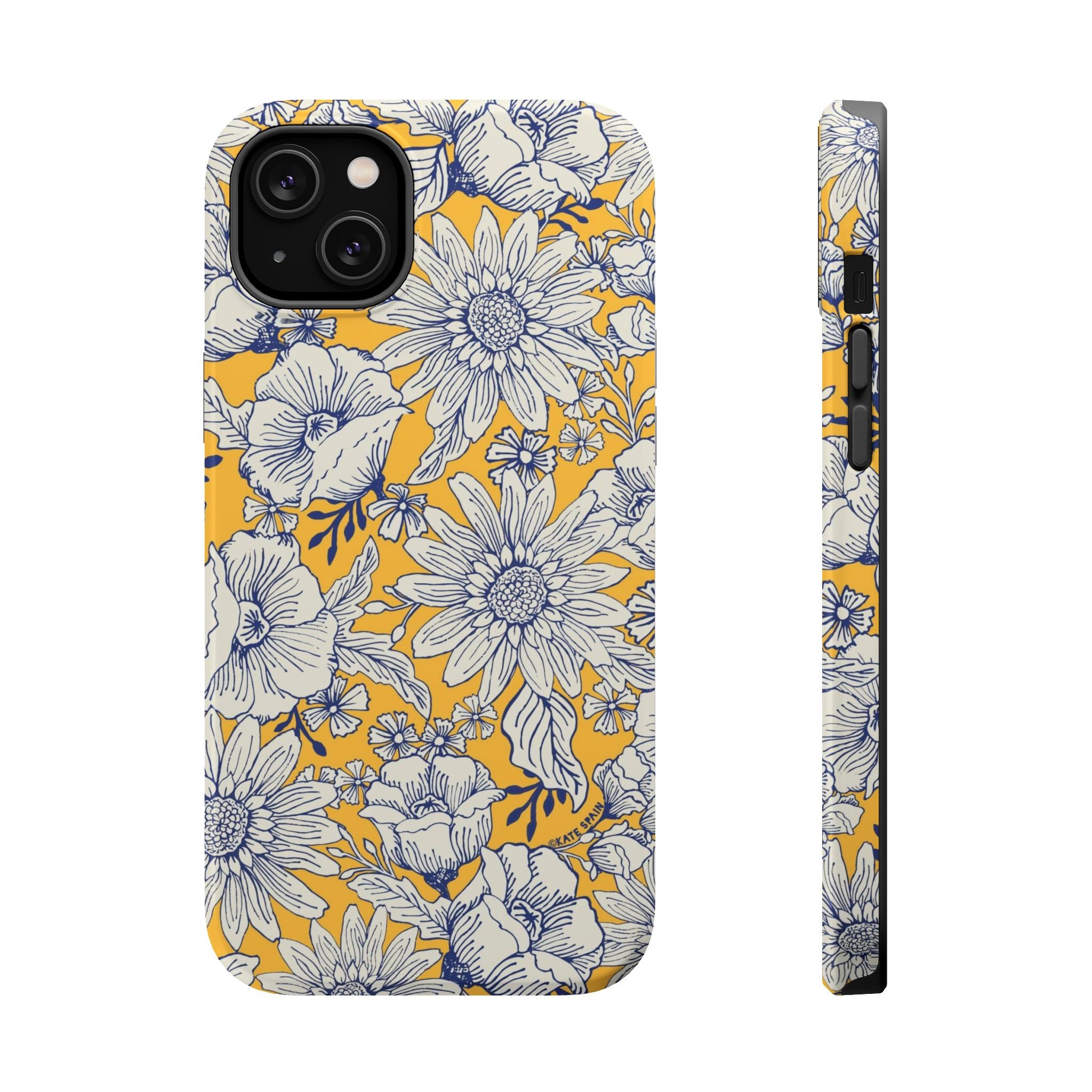 Jardin Luxury MagSafe iPhone 14 Plus Case – Glossy | yellow, cream, blue botanical floral print