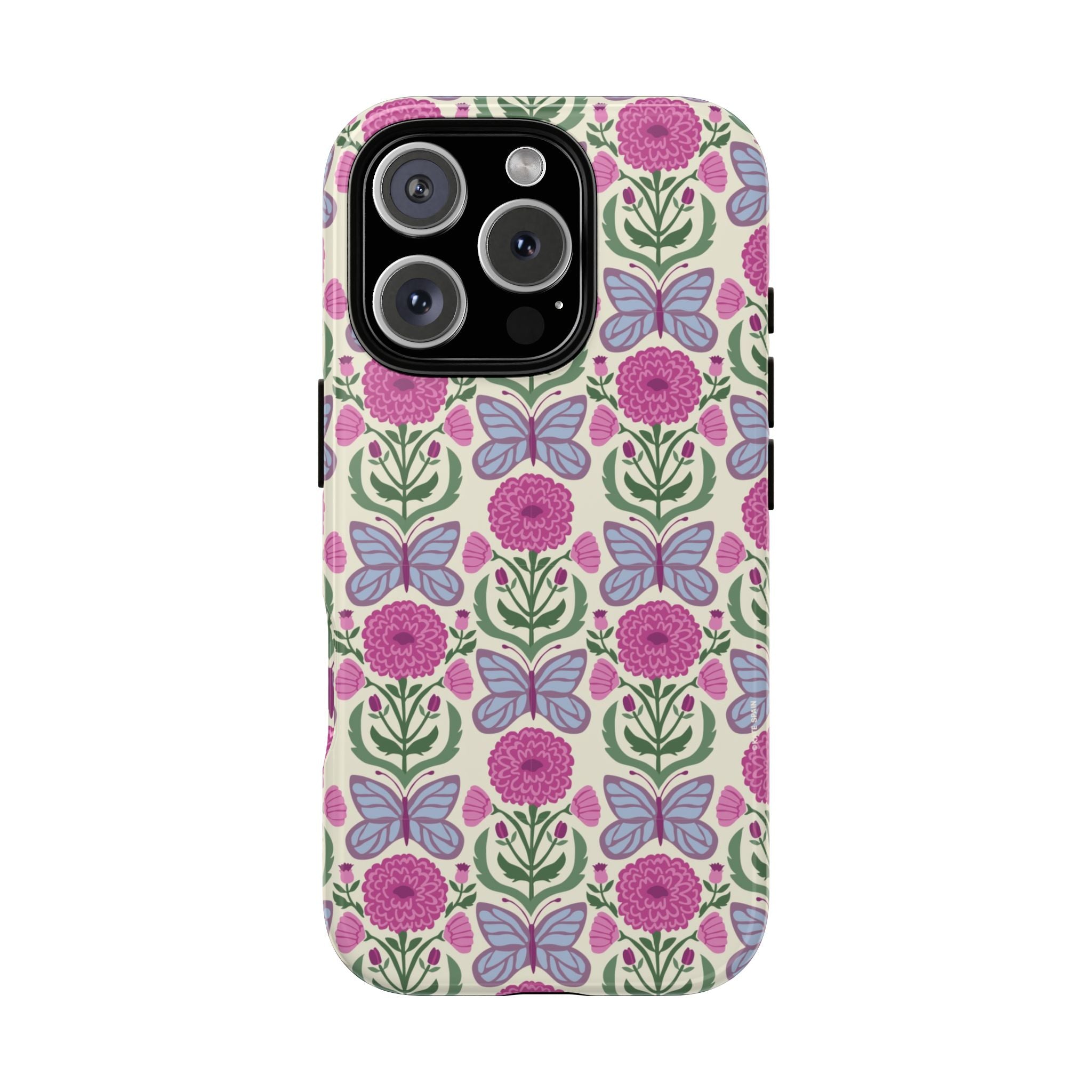 Butterfly Tough iPhone 16 Pro Max Case – Glossy | cream, magenta, periwinkle butterfly floral print