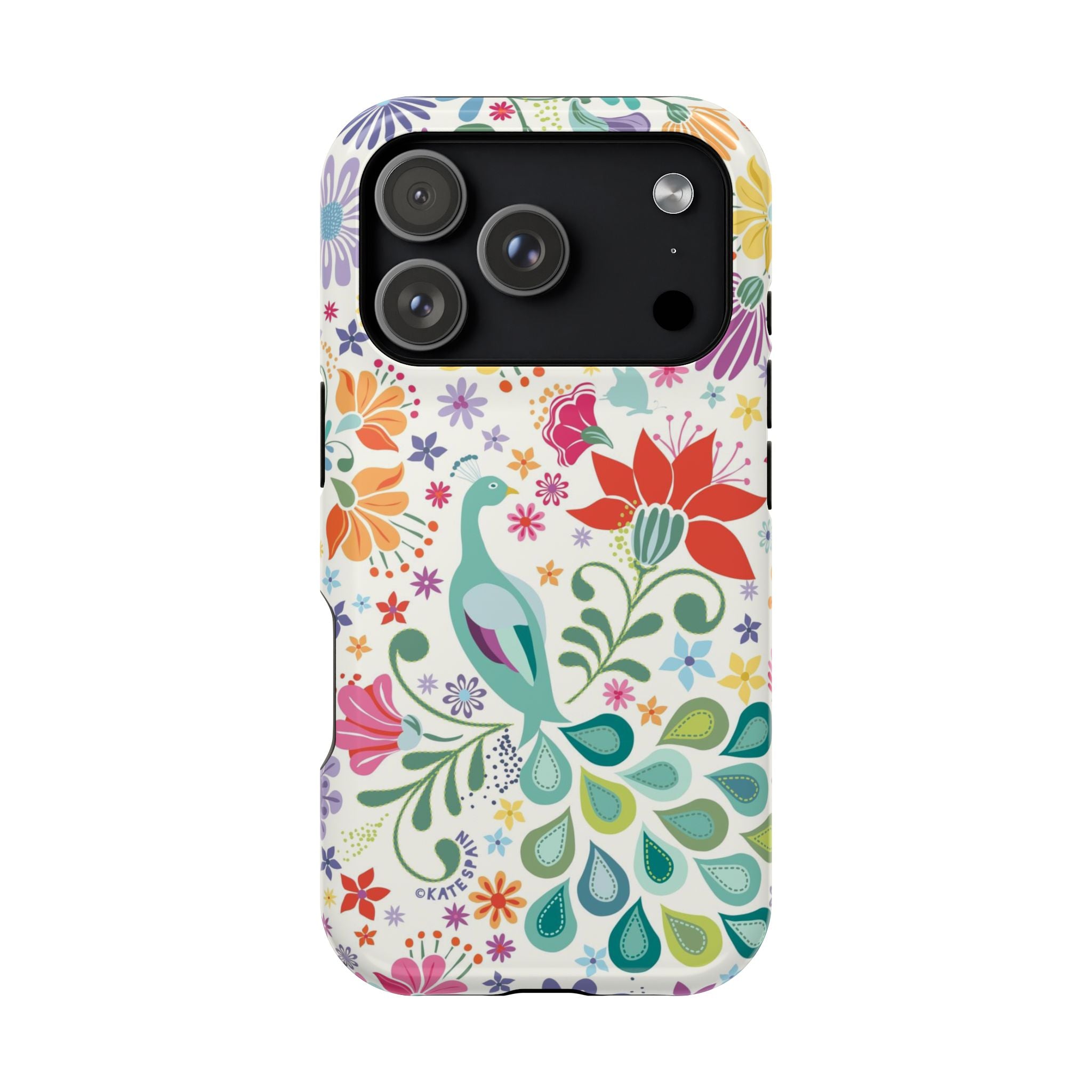 Peacock Sanctuary MagSafe iPhone 17 Pro Case – Glossy | ivory, teal, navy peacock botanical print MagSafe compatible, dual-layer protection