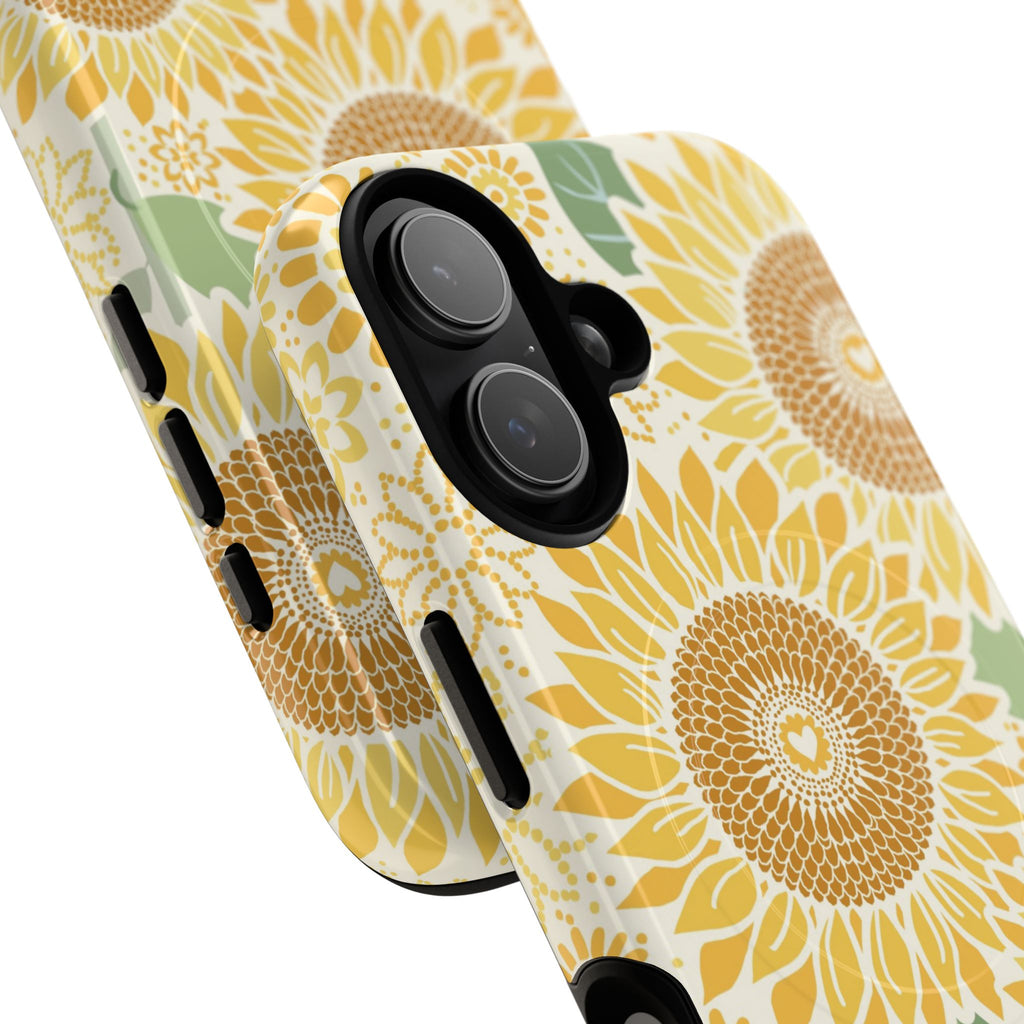Sunny Sunflower MagSafe iPhone 17 – Glossy | cream ground, large-scale yellow sunflower print, angled view showing camera cutout and buttons, dual-layer protection