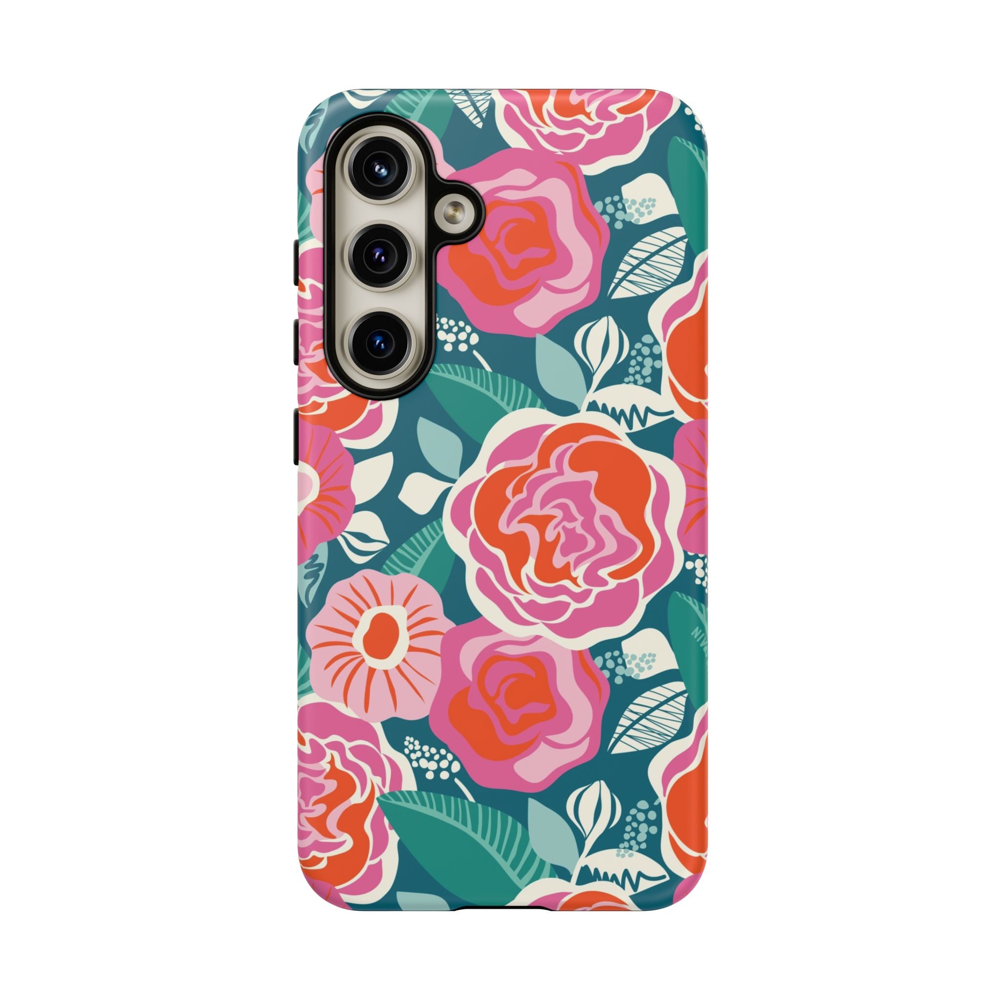Luxury Tea Rose Teal Samsung Galaxy S24 Case – Matte | teal, coral, pink botanical rose floral print