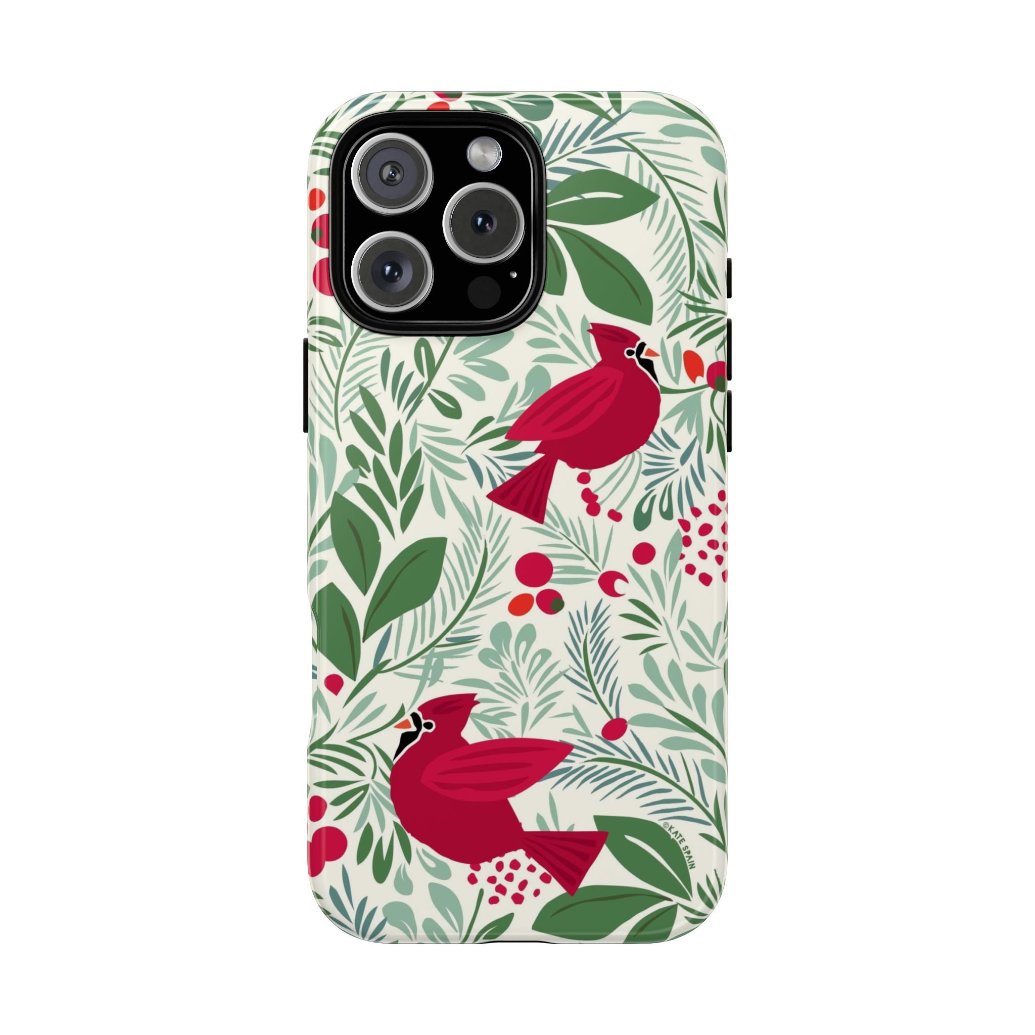 Birds and Berries Tough iPhone 16 Pro Max Case – Glossy | cream, red, green botanical cardinal berry print