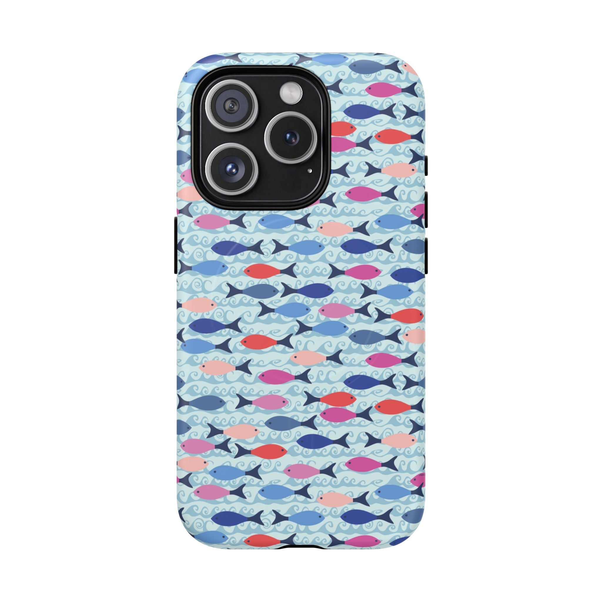 Summer Minnows MagSafe iPhone 15 Pro Case – Matte | navy, coral, pink, and periwinkle fish on a pale aqua ground