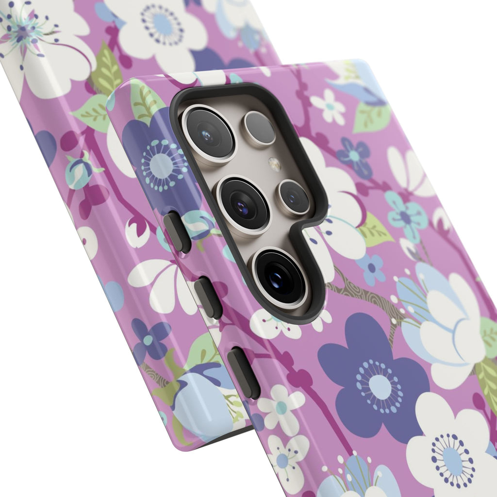 Cherry Blossom Samsung Galaxy S24 Ultra Case – Glossy | detail of 5 lenses camera cut-away of case in mauve, white, periwinkle cherry blossom floral print