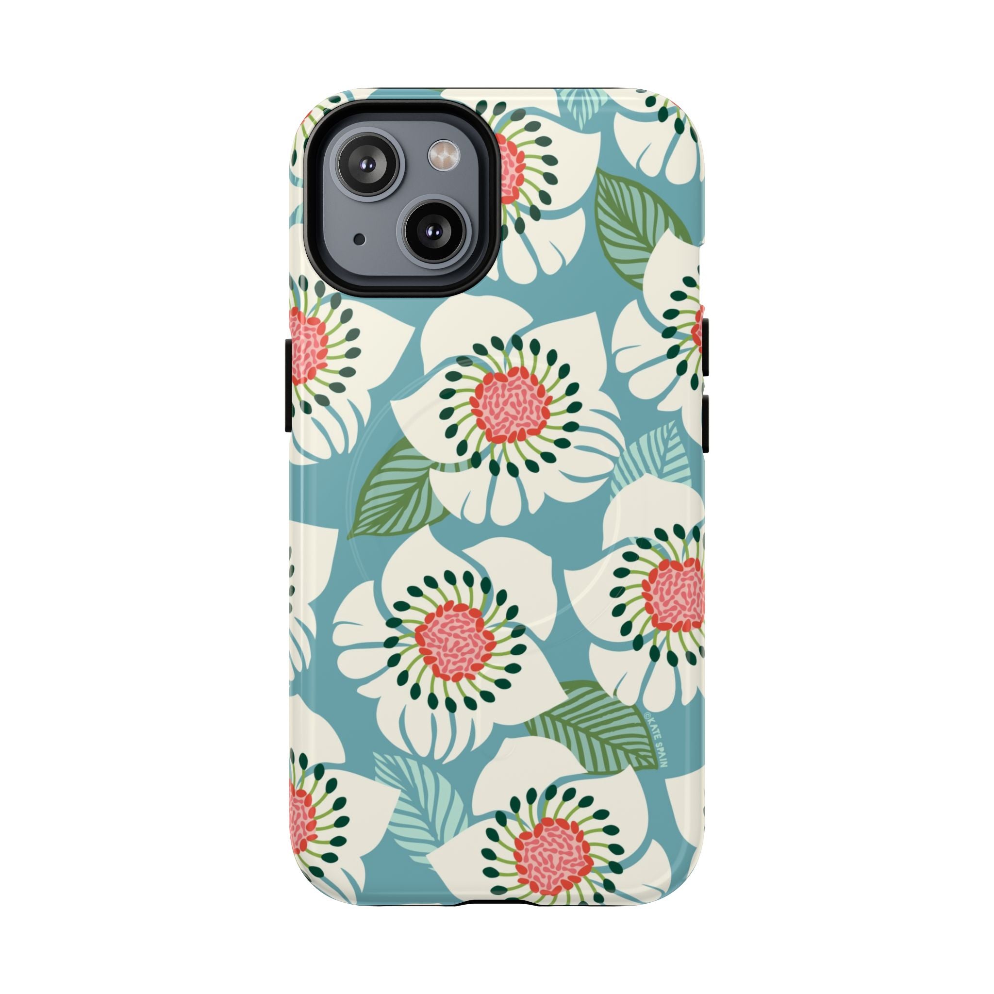 Panache MagSafe iPhone 14 Case – Glossy | sky blue, pale cream, pink anemone floral print
