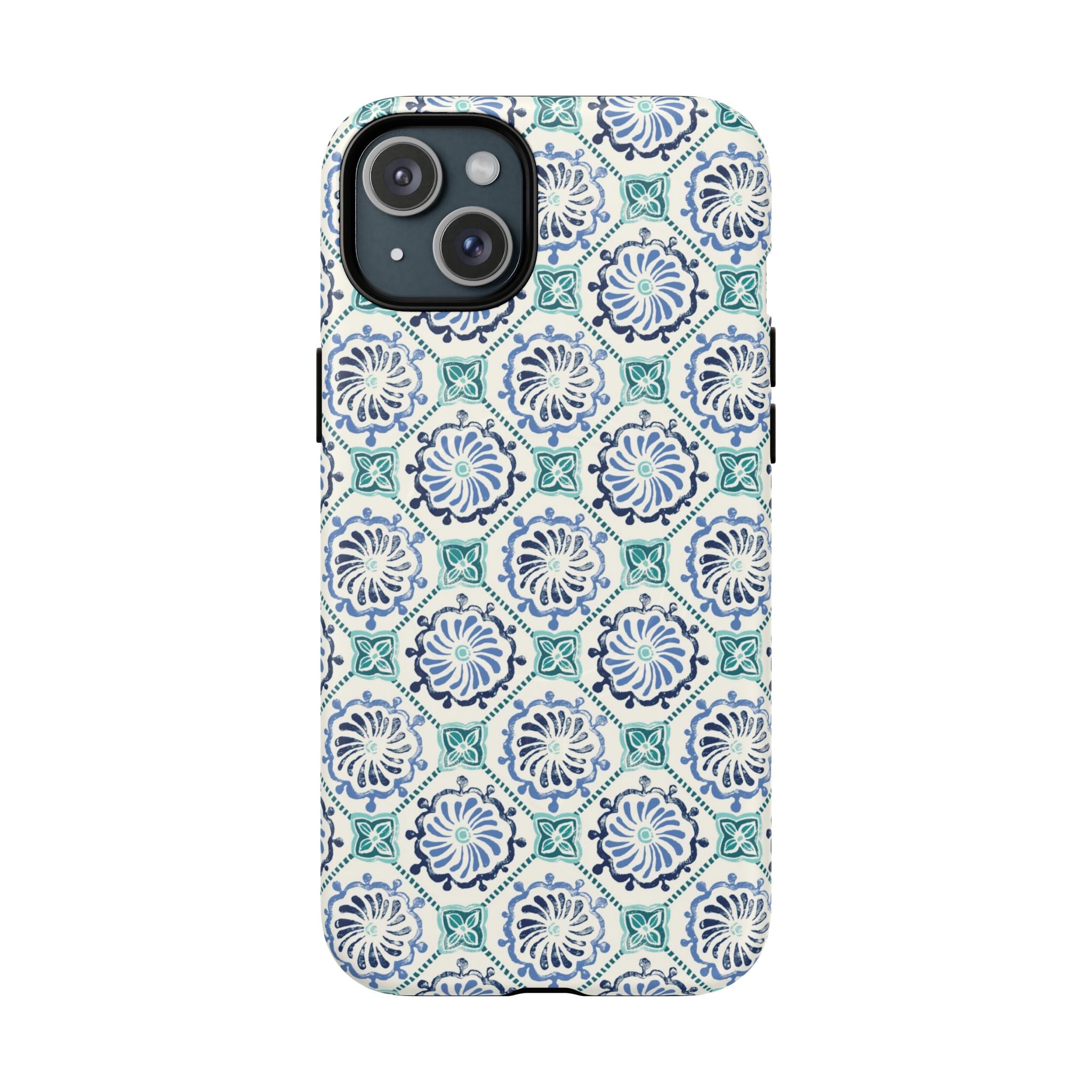 Horizon Blue Tile MagSafe iPhone 15 Plus Case – Matte | blue, turquoise, cream white MagSafe compatible, dual-layer protection