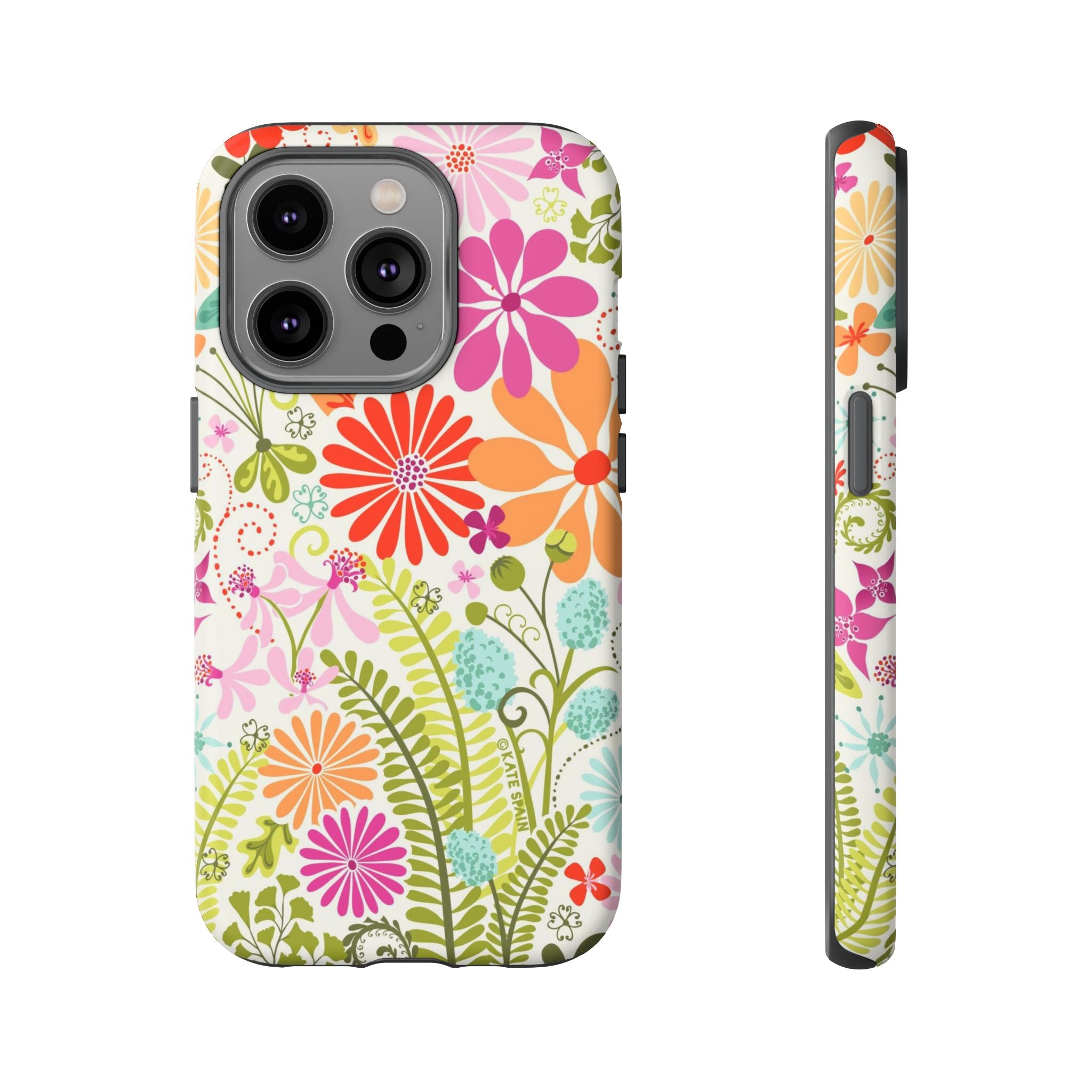 Luxury Terrain Tough iPhone 14 Pro Case – Matte | white, magenta, coral botanical woodland floral print