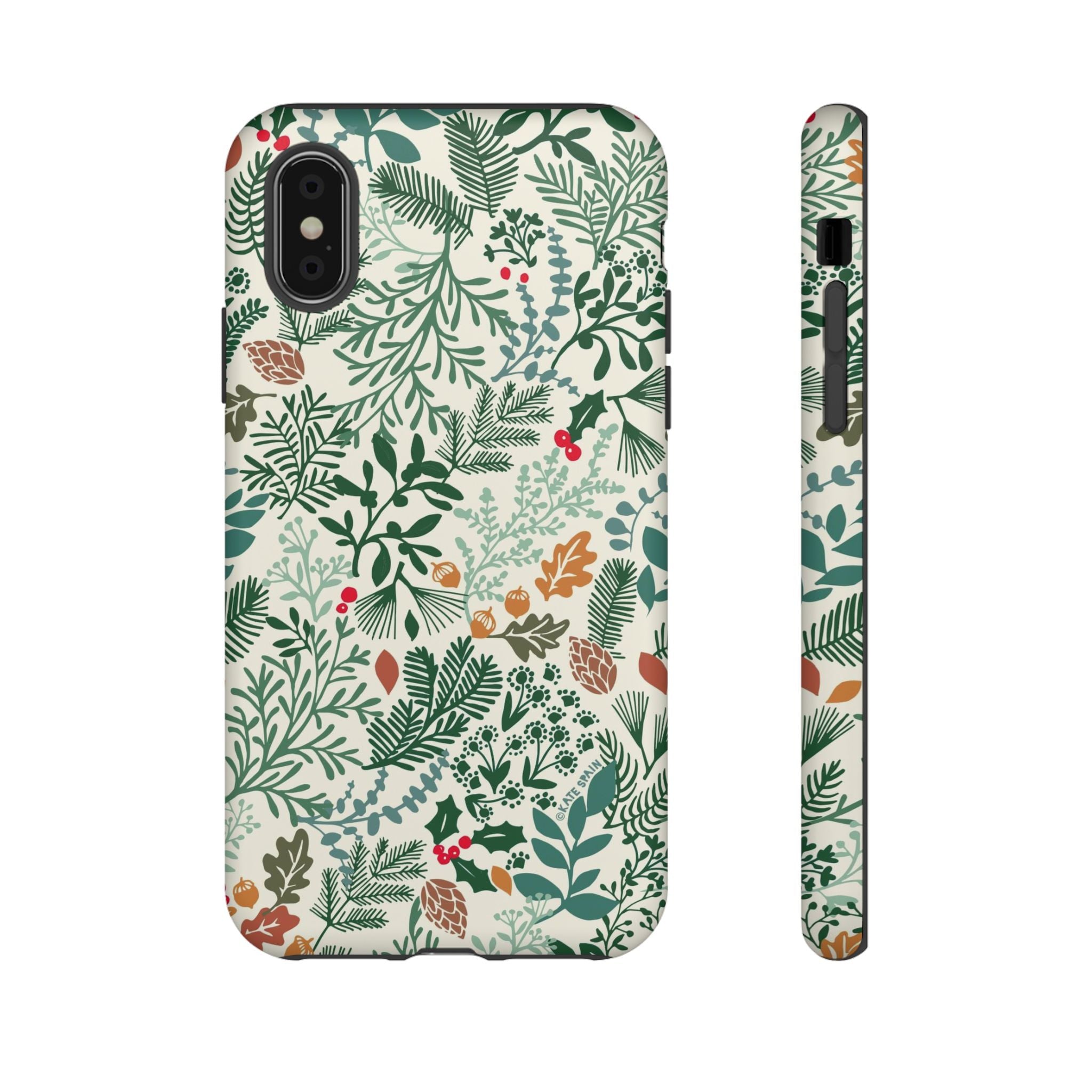 Juniper Tough iPhone XS Case – Matte | cream, green, red botanical woodland print