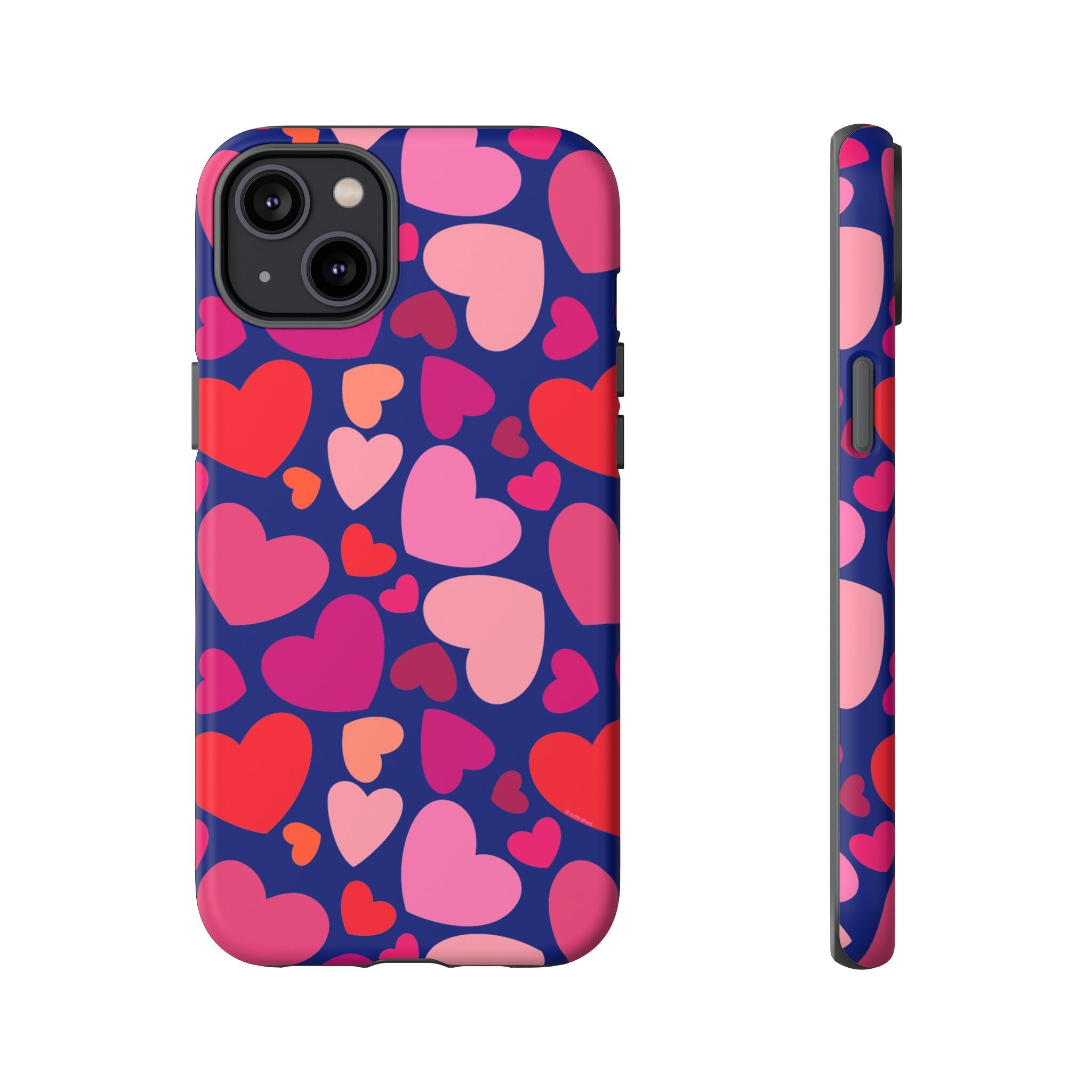 Hearts Tough iPhone 14 Plus Case – Matte | navy, pink, red, coral scattered heart print
