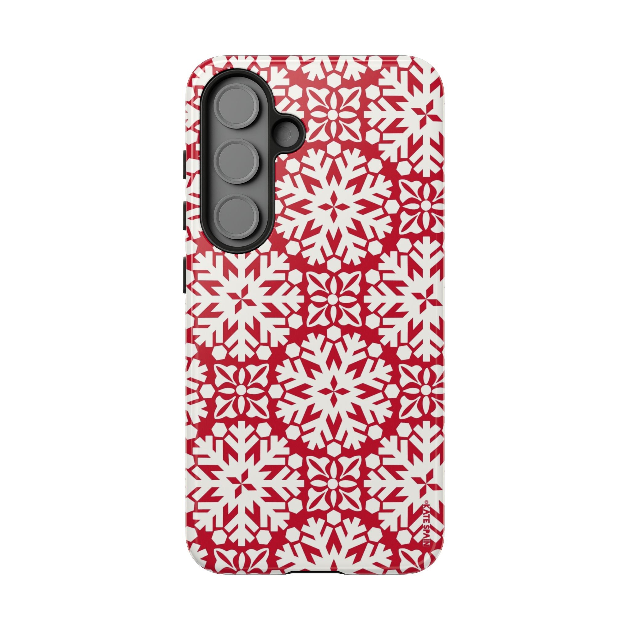 Flurry Samsung Galaxy S25 Case – Glossy | white, red geometric snowflake tile print