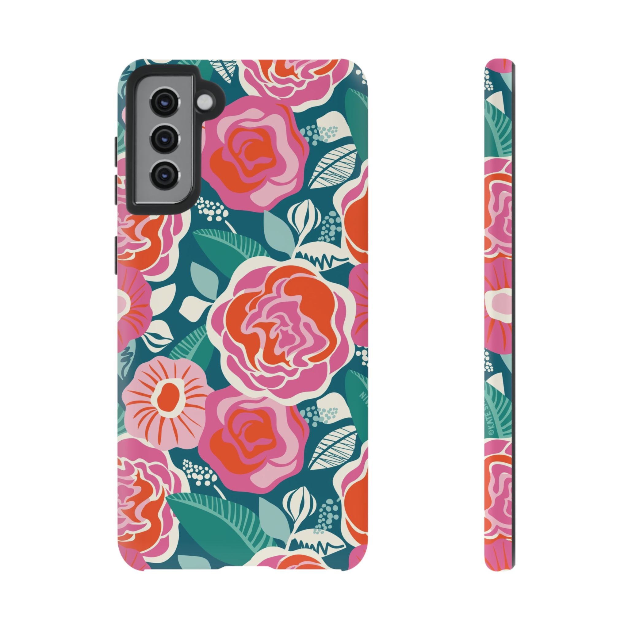 Luxury Tea Rose Teal Samsung Galaxy S21 Plus Case – Matte | teal, coral, pink botanical rose floral prints