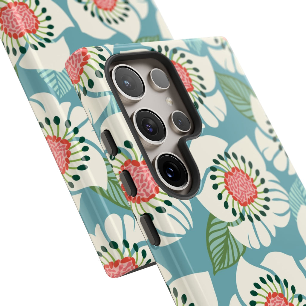 Artistic Panache Samsung Galaxy S24 Ultra Case – Glossy | close-up of 5 camera lenses in case in sky blue, pale cream, pink anemone floral print