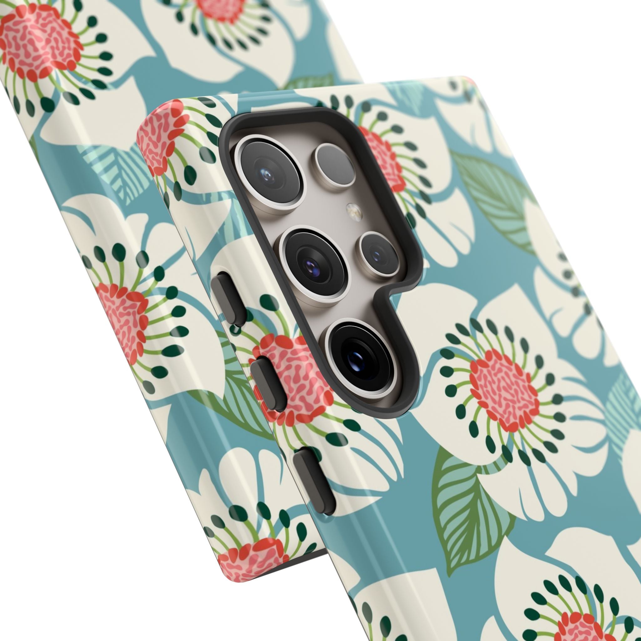 Artistic Panache Samsung Galaxy S24 Ultra Case – Glossy | close-up of 5 camera lenses in case in sky blue, pale cream, pink anemone floral print